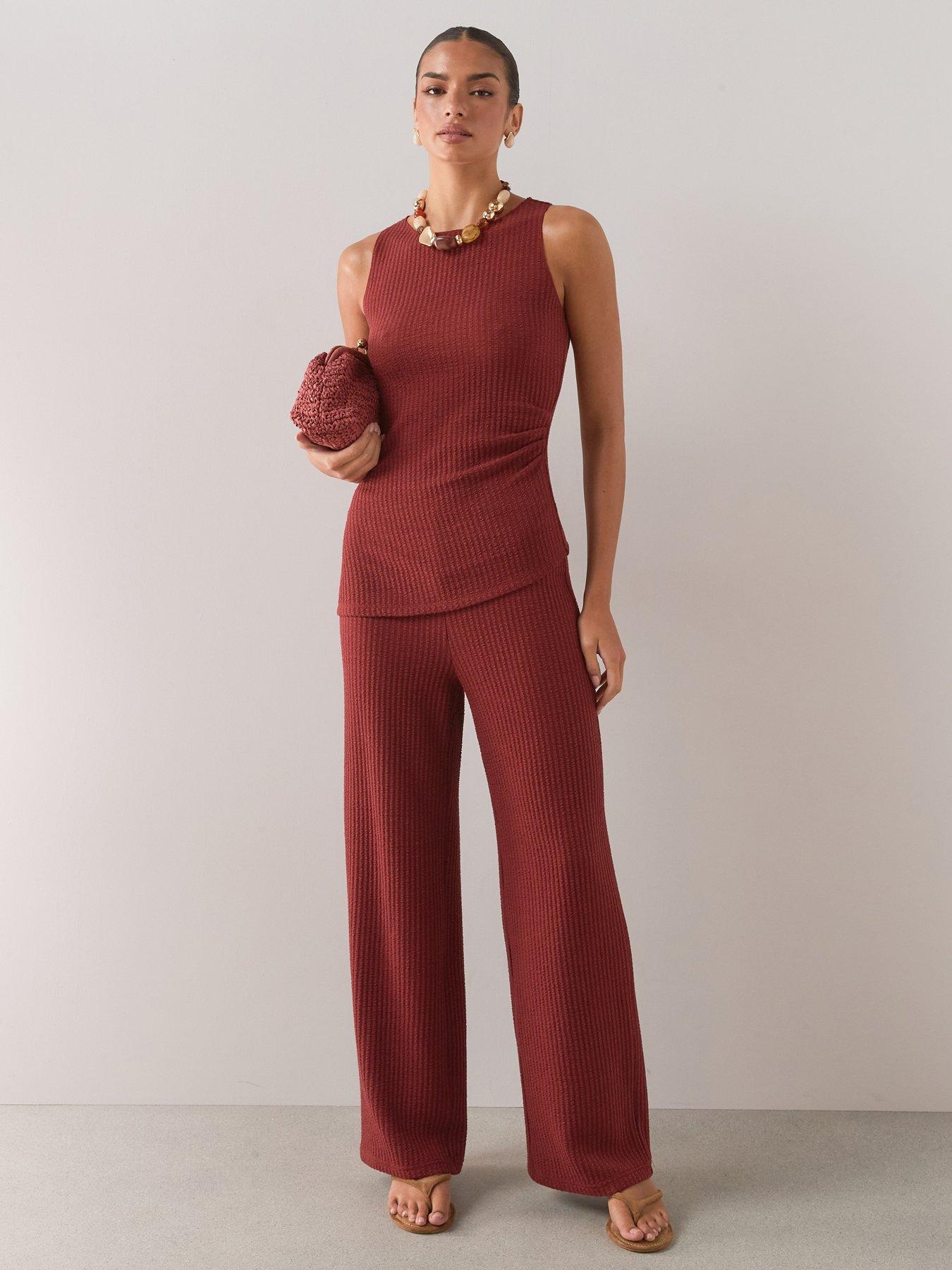 Image 1 of 6 of The Very Collection Ribbed Trouser Co-ord- Rust