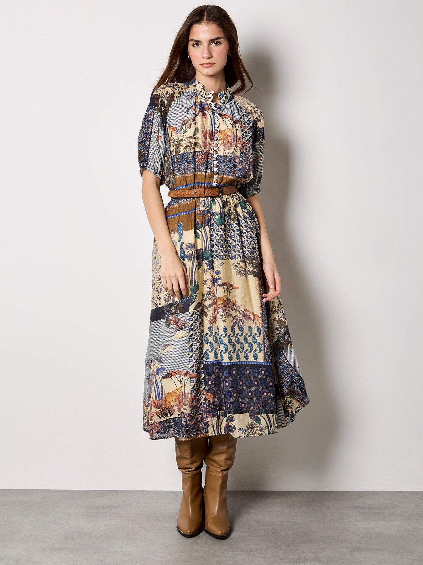 Image 1 of 5 of Apricot Apricot High Neck Patchwork Midi Shirt Dress
