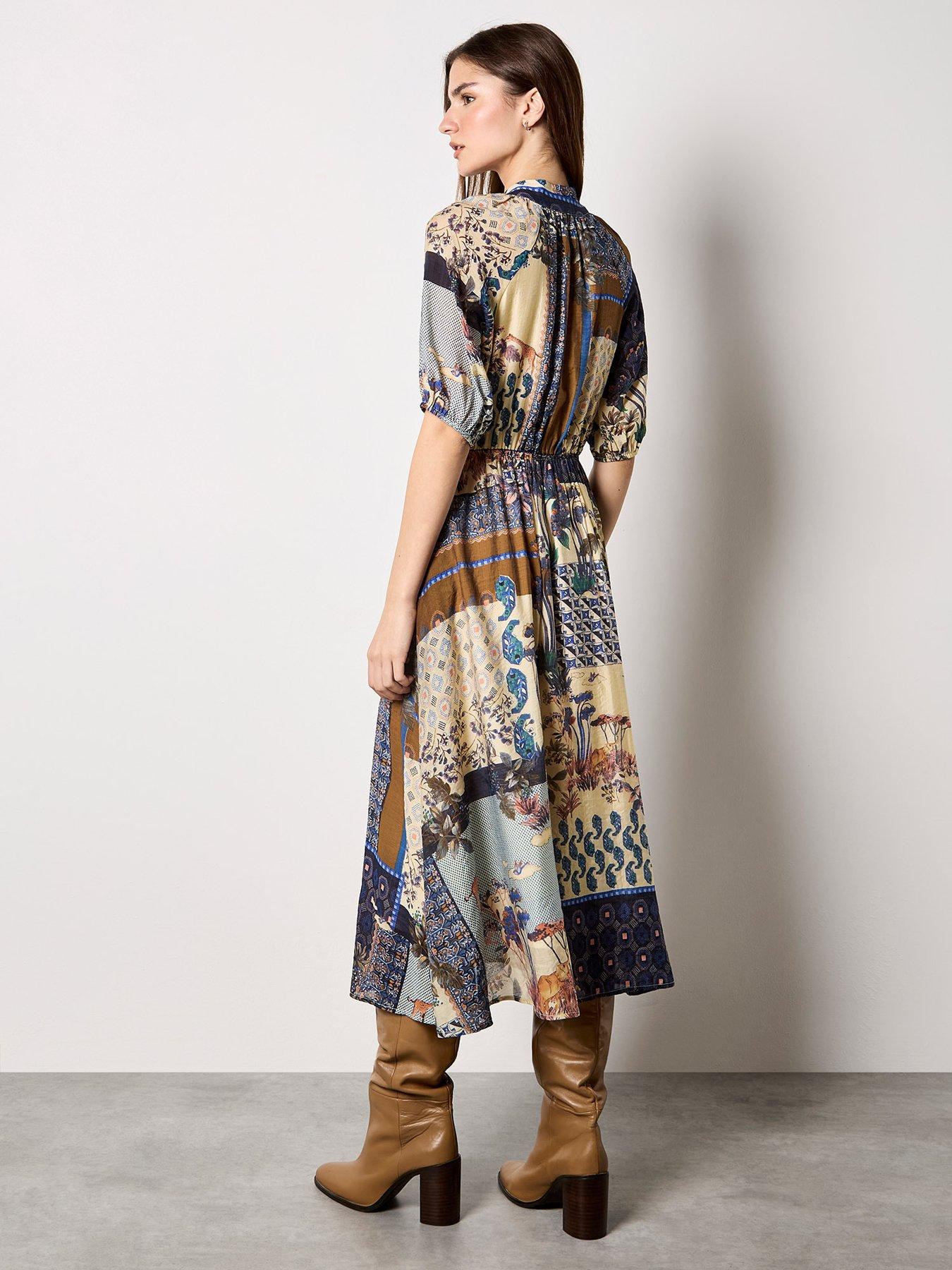Image 2 of 5 of Apricot Apricot High Neck Patchwork Midi Shirt Dress