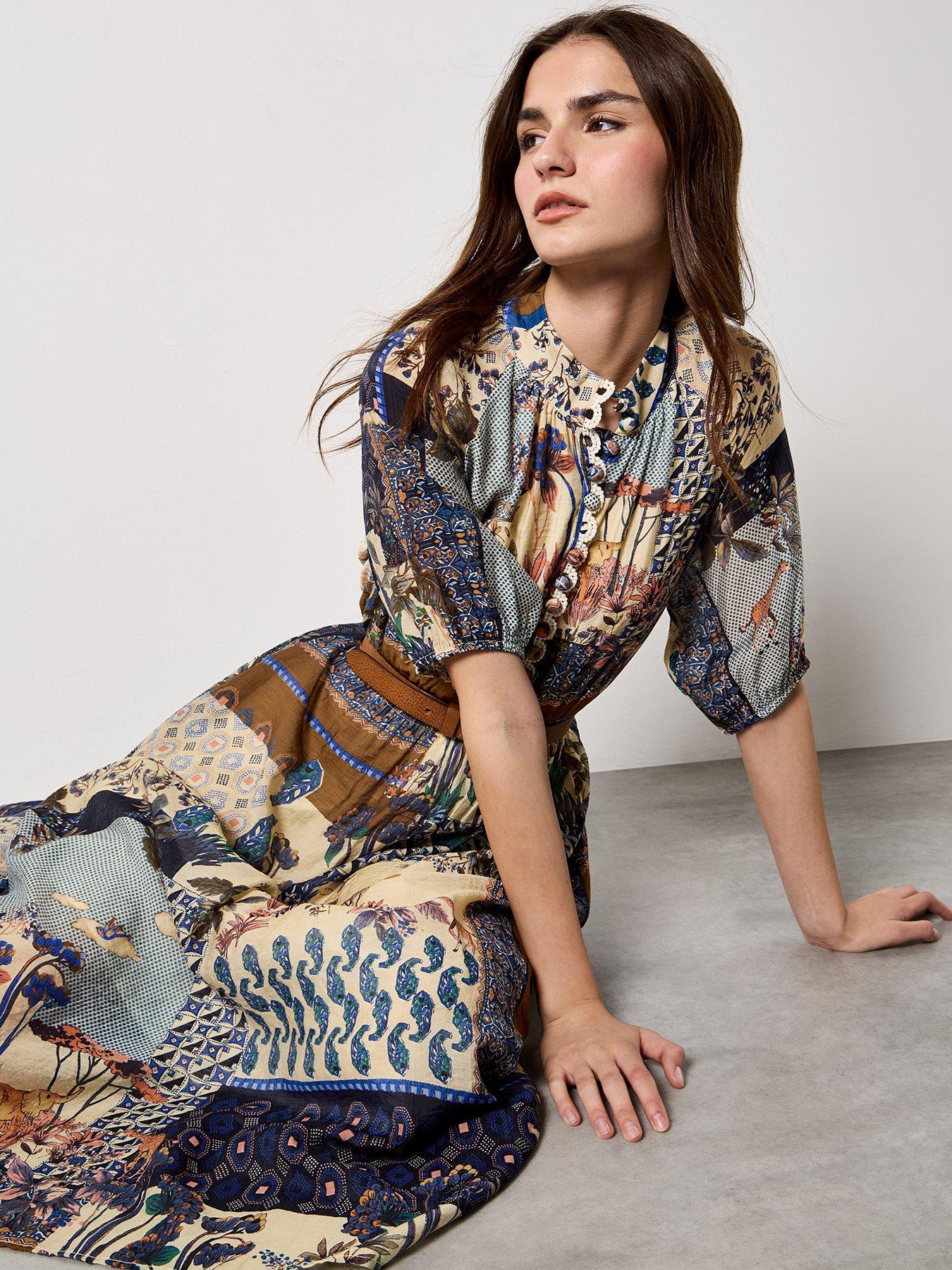 Image 3 of 5 of Apricot Apricot High Neck Patchwork Midi Shirt Dress