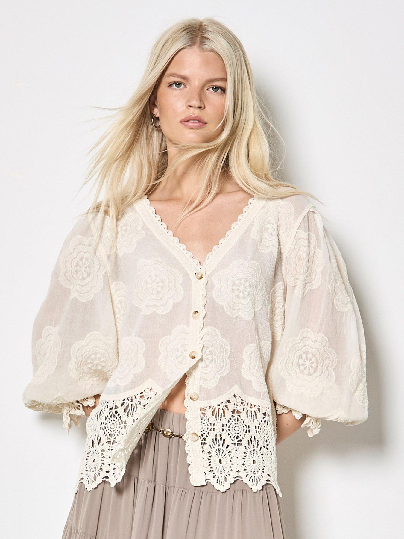 Image 1 of 4 of Apricot Apricot Embroidered Daisies Lace Hem Top