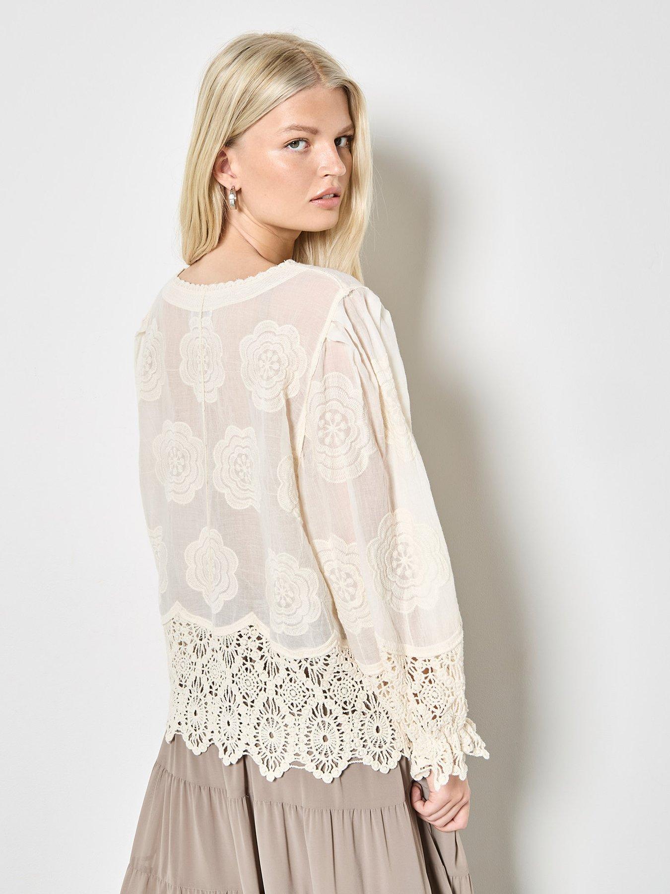 Image 2 of 4 of Apricot Apricot Embroidered Daisies Lace Hem Top
