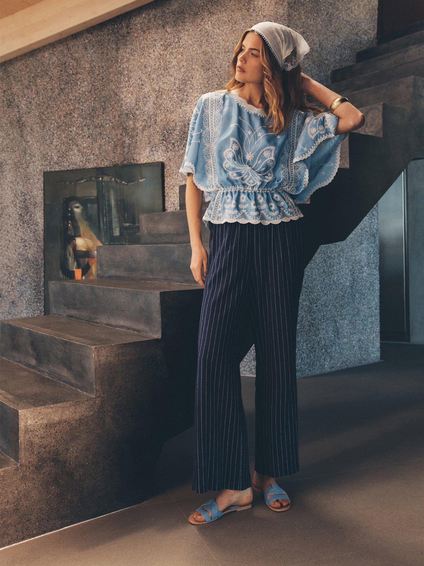 Image 1 of 4 of Apricot Apricot Pinstripe Linen Wide Leg Trouser