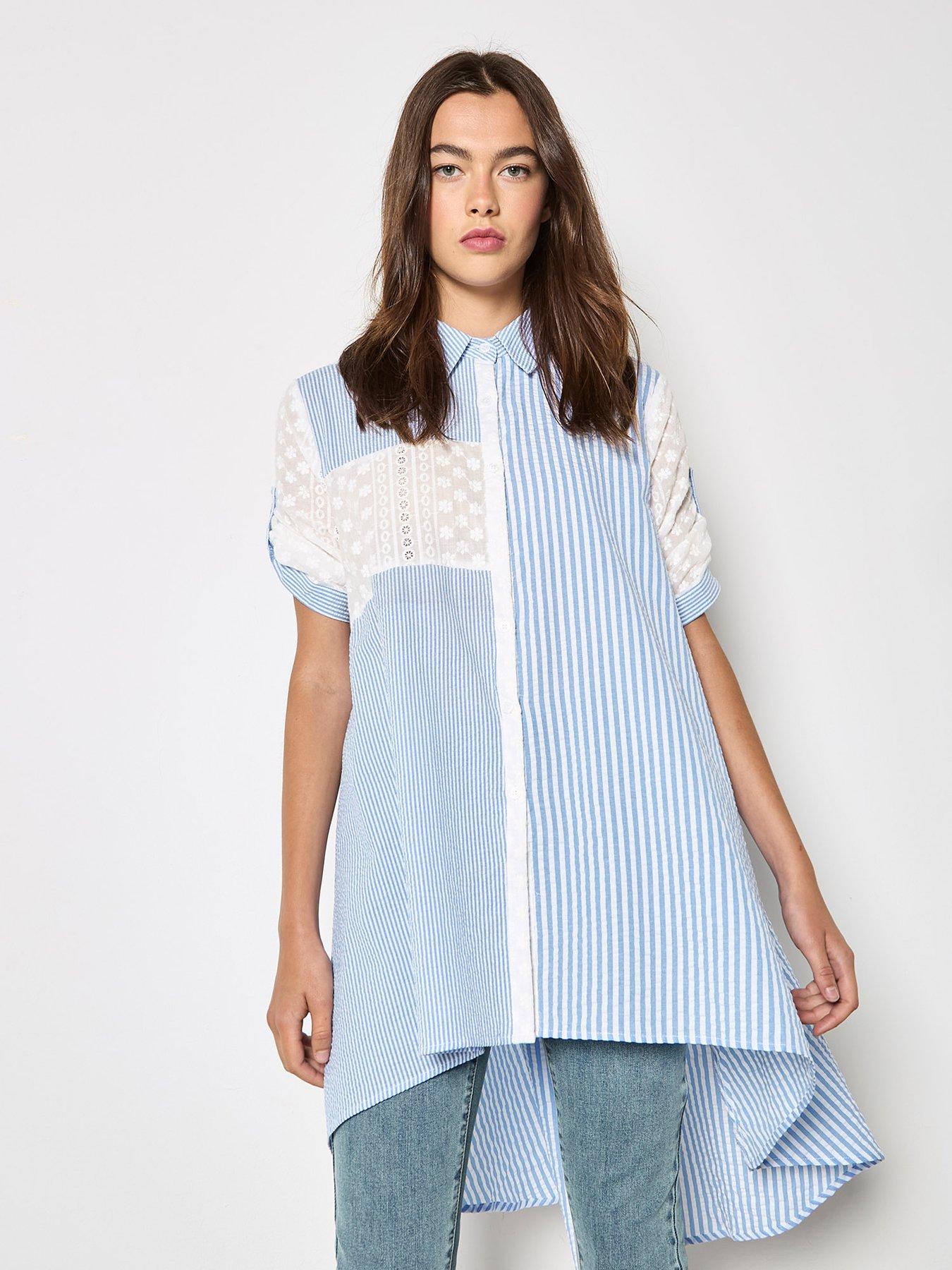 Image 1 of 5 of Apricot Mix&nbsp;Match Embroidered Stripe Hi&nbsp;Low Shirt