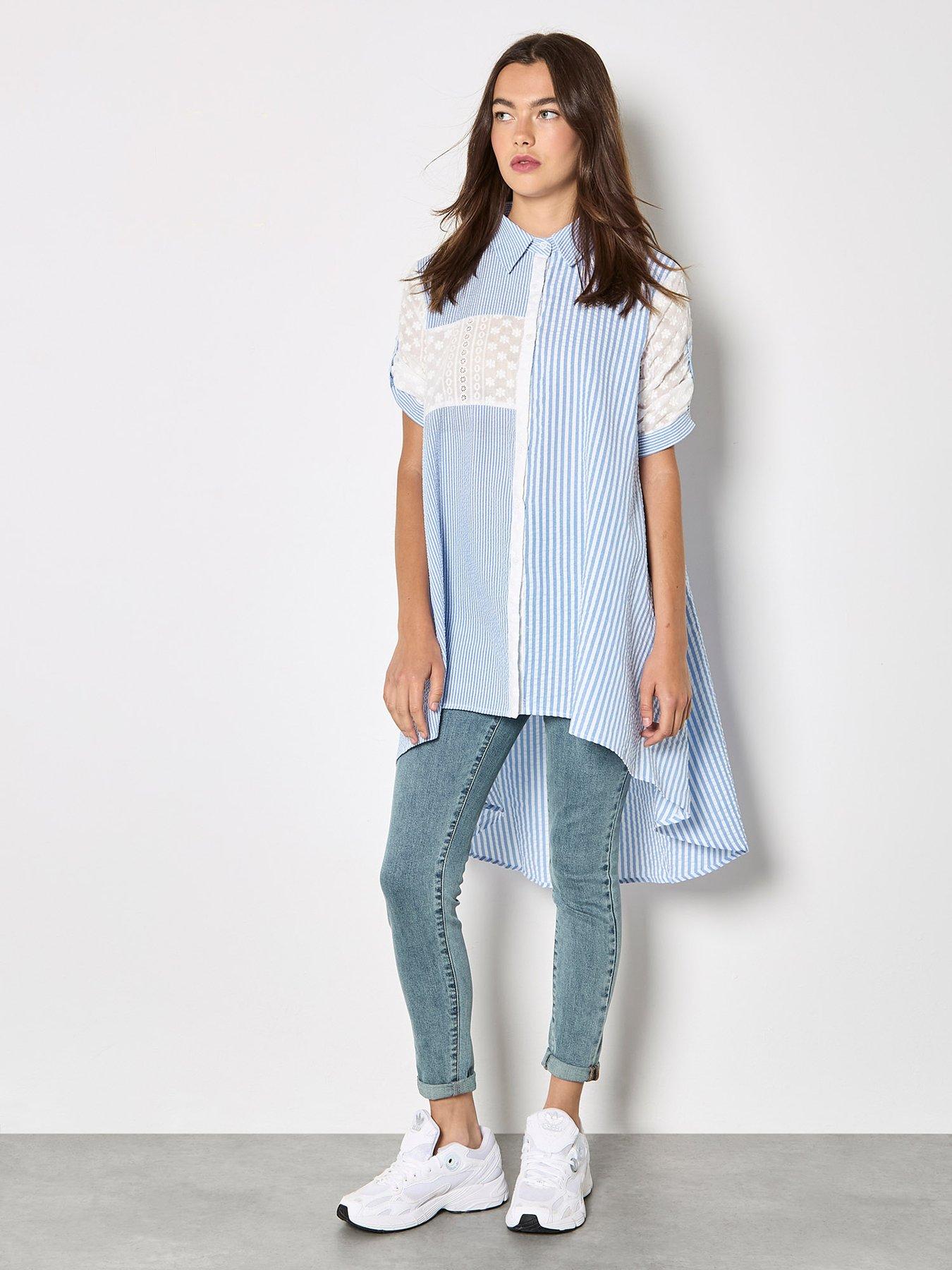Image 3 of 5 of Apricot Mix&nbsp;Match Embroidered Stripe Hi&nbsp;Low Shirt