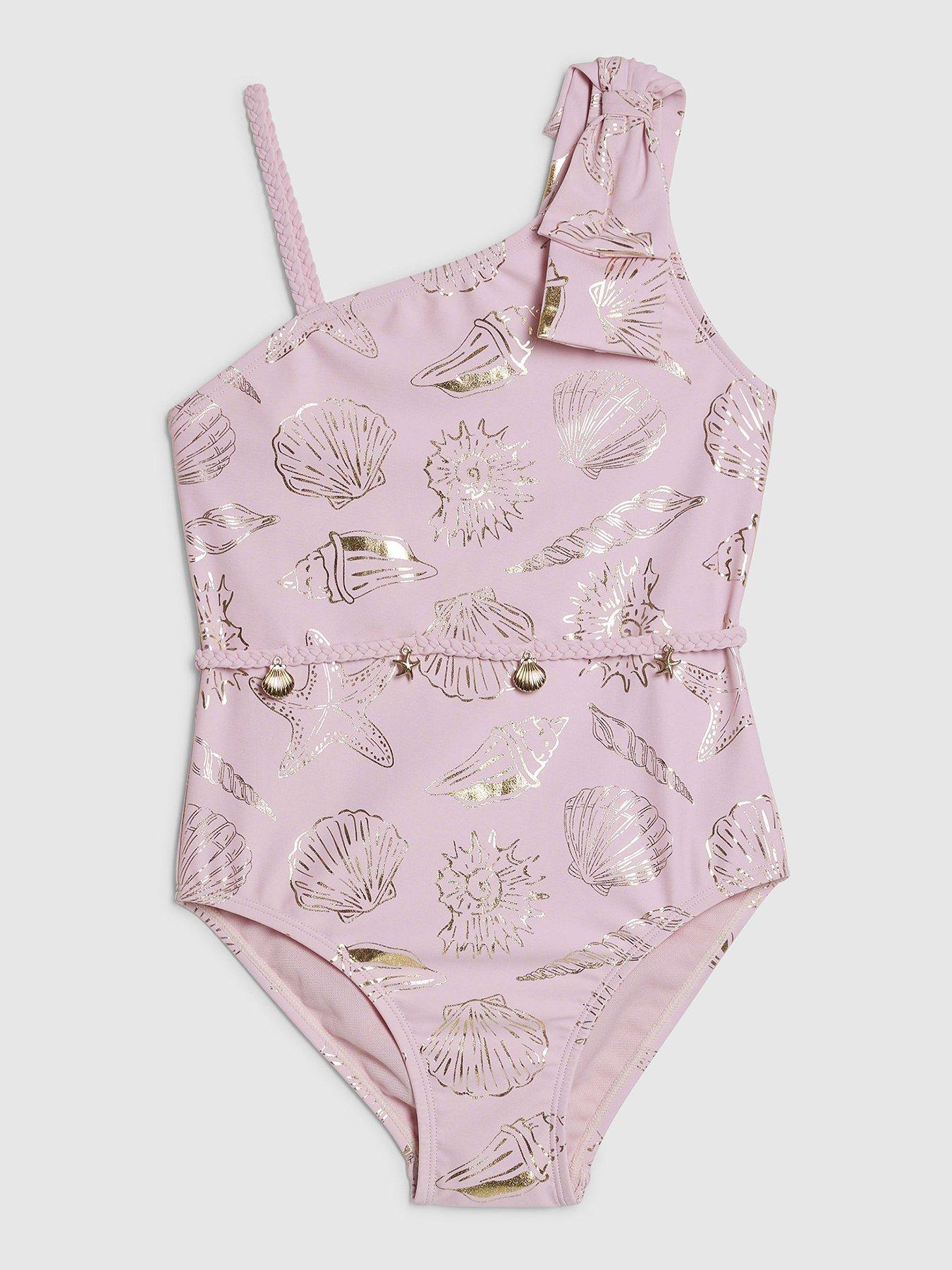 River Island Older Girls Gold Foil Shell Swimsuit - Pink