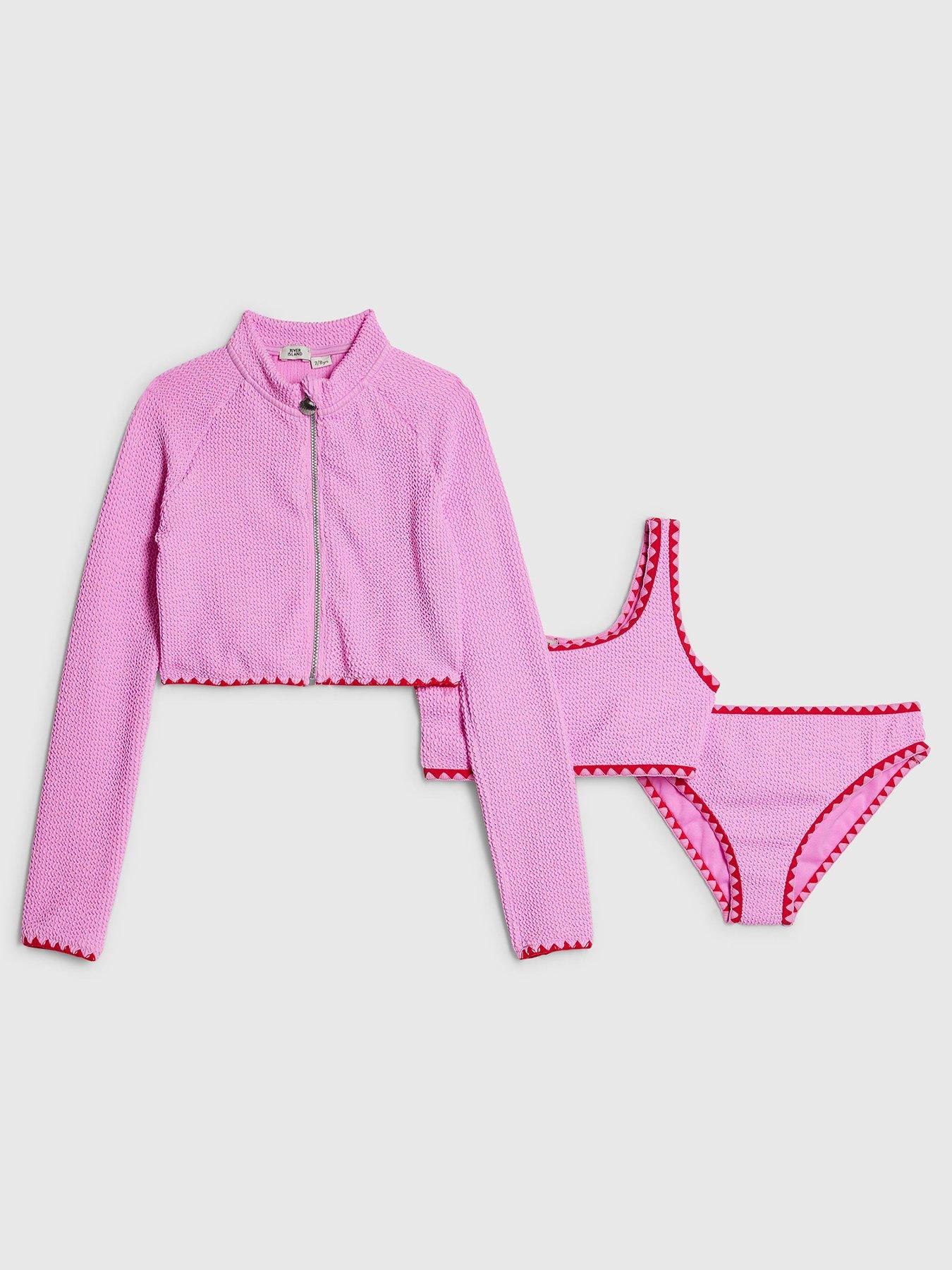 Image 1 of 5 of River Island Older Girls Textured Jacket And Bikini Set - Pink