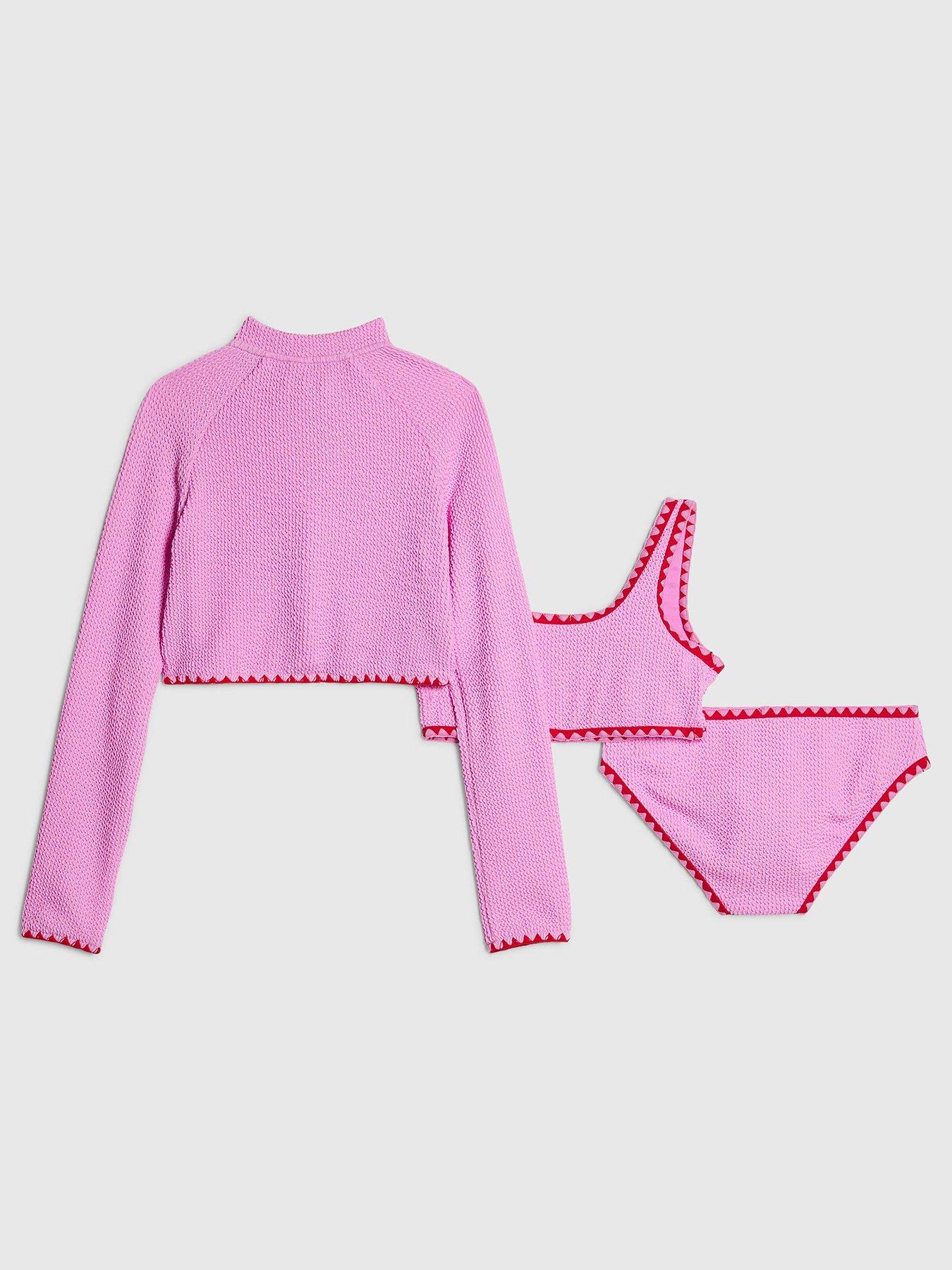 Image 2 of 5 of River Island Older Girls Textured Jacket And Bikini Set - Pink