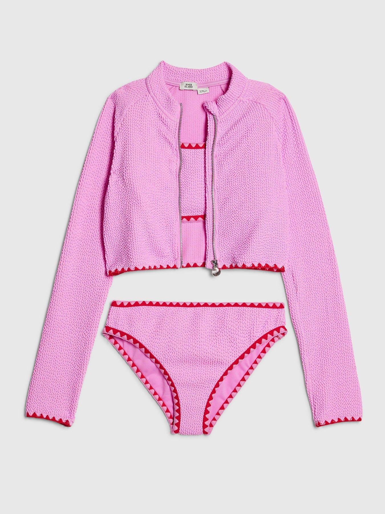 Image 3 of 5 of River Island Older Girls Textured Jacket And Bikini Set - Pink