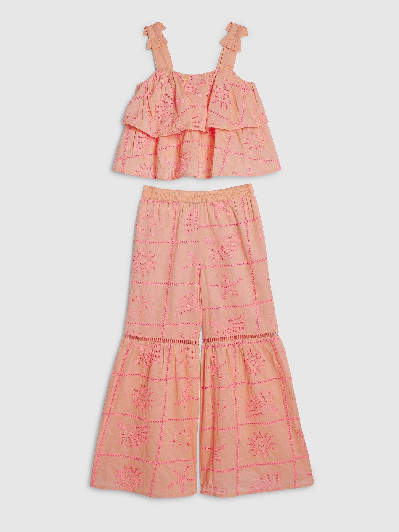 river-island-older-girls-tiered-broderie-top-set-coral
