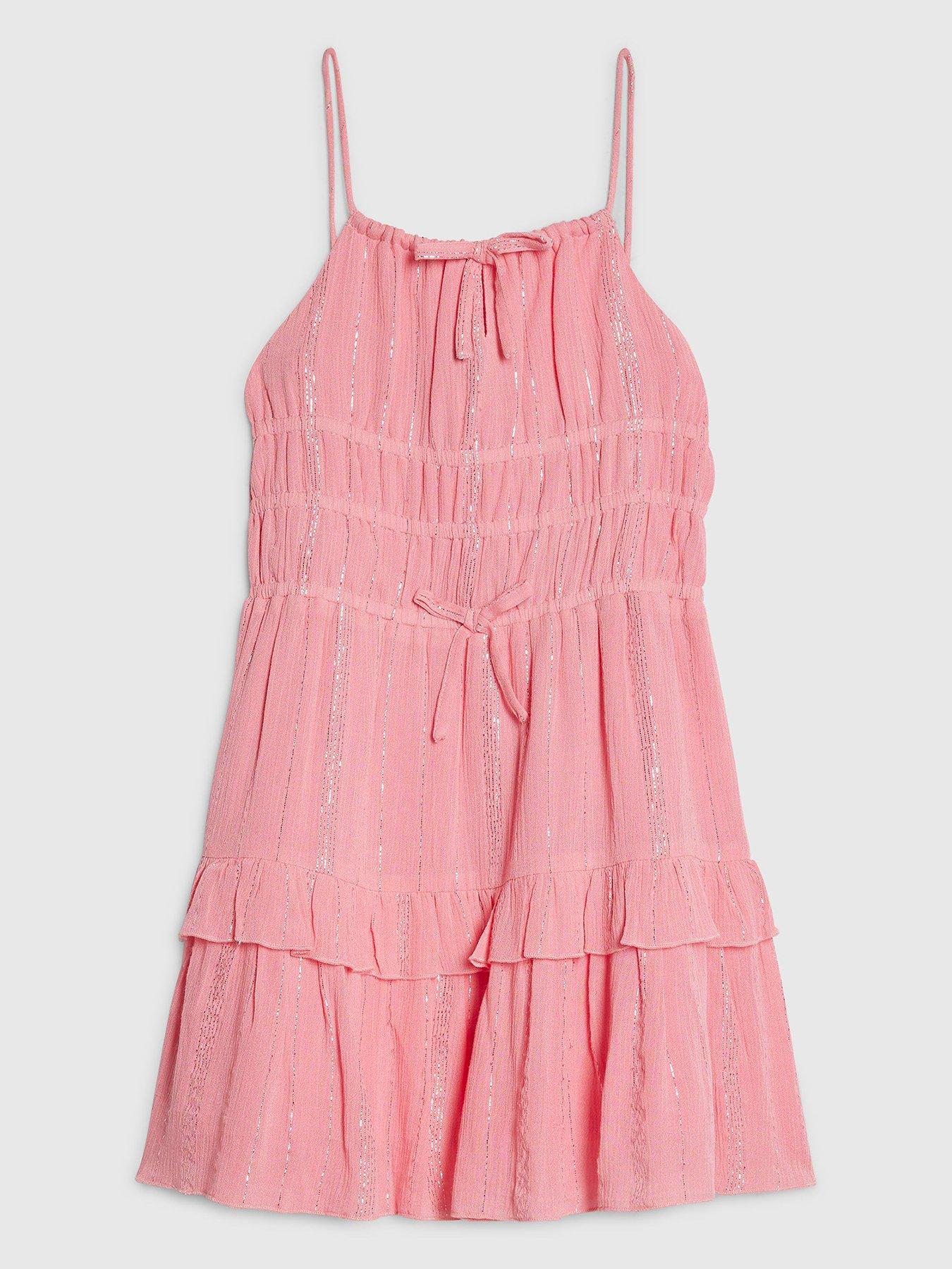 Image 1 of 4 of River Island Older Girls Tiered Shimmer Mini Dress - Pink