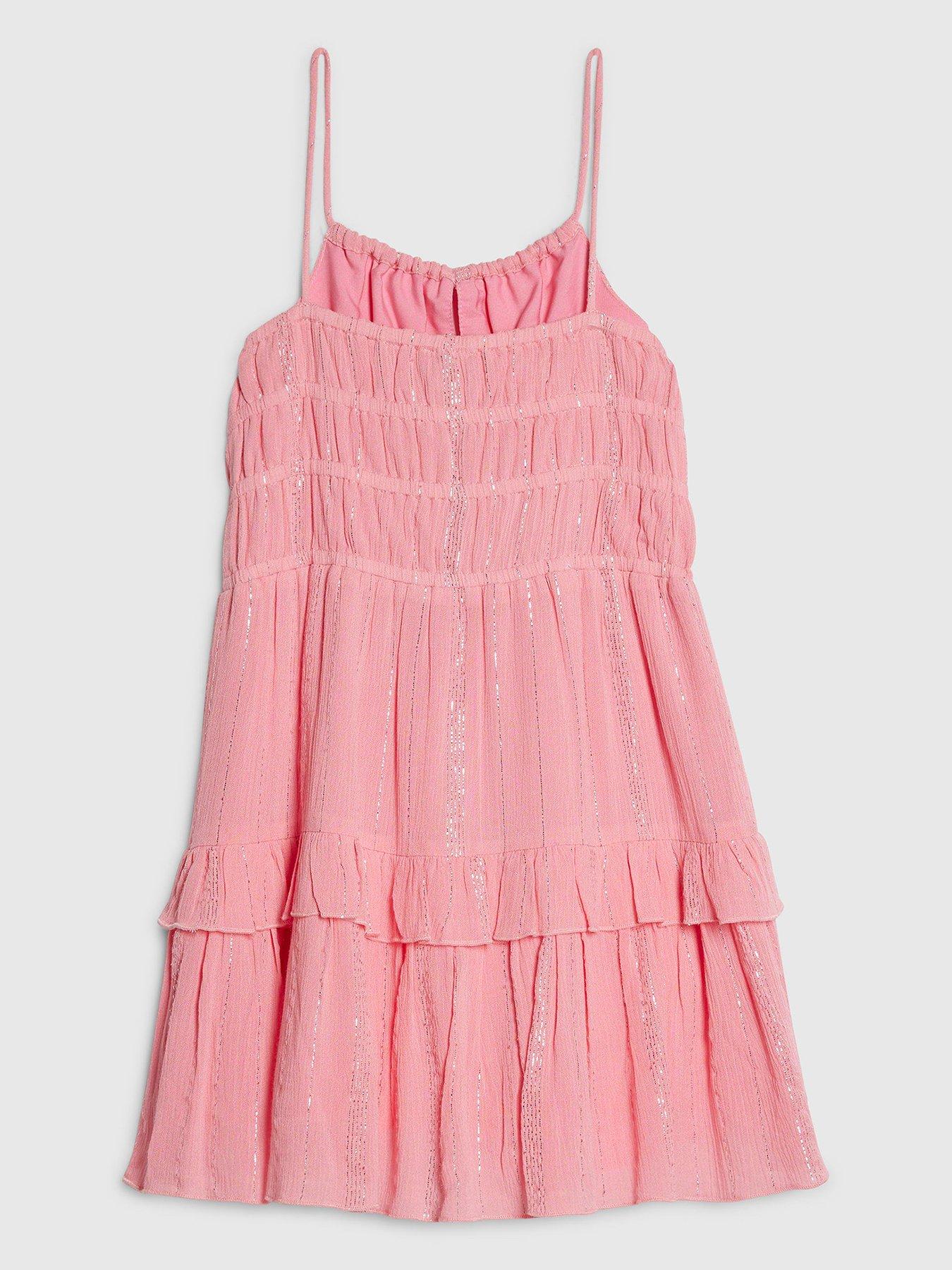 Image 2 of 4 of River Island Older Girls Tiered Shimmer Mini Dress - Pink