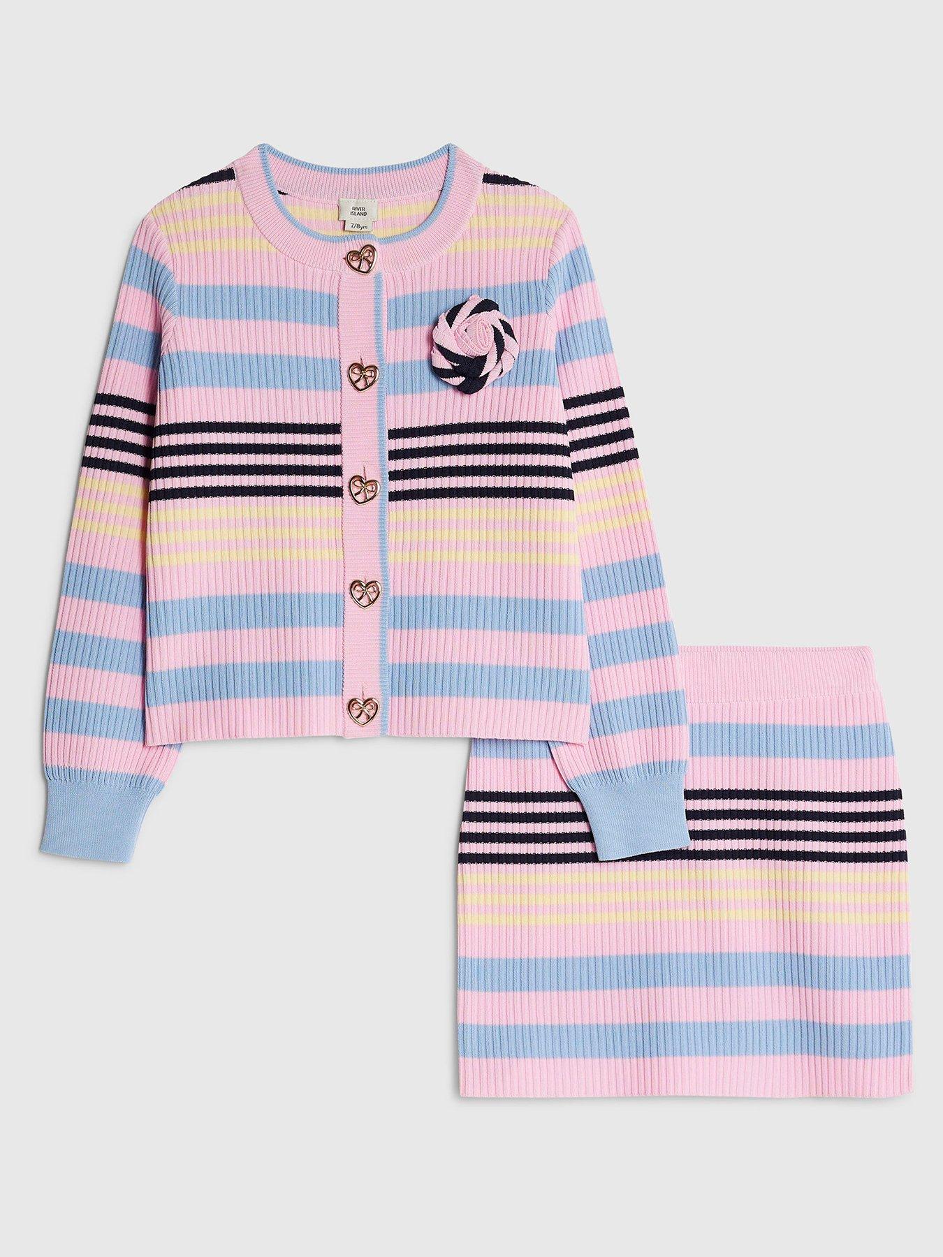 Image 2 of 5 of River Island Older Girls Stripe Cardigan Set - Pink