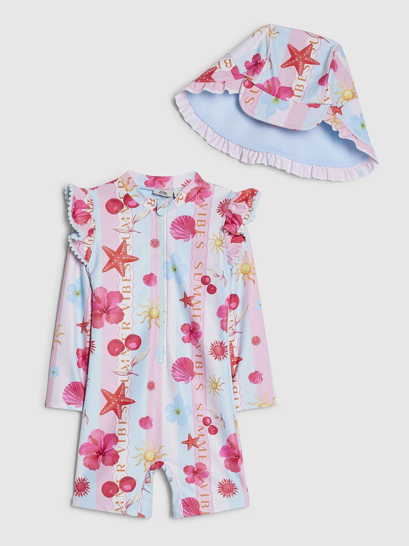 Image 1 of 4 of River Island Mini Girls Stripe La Mer Rashsuit Set - Blue