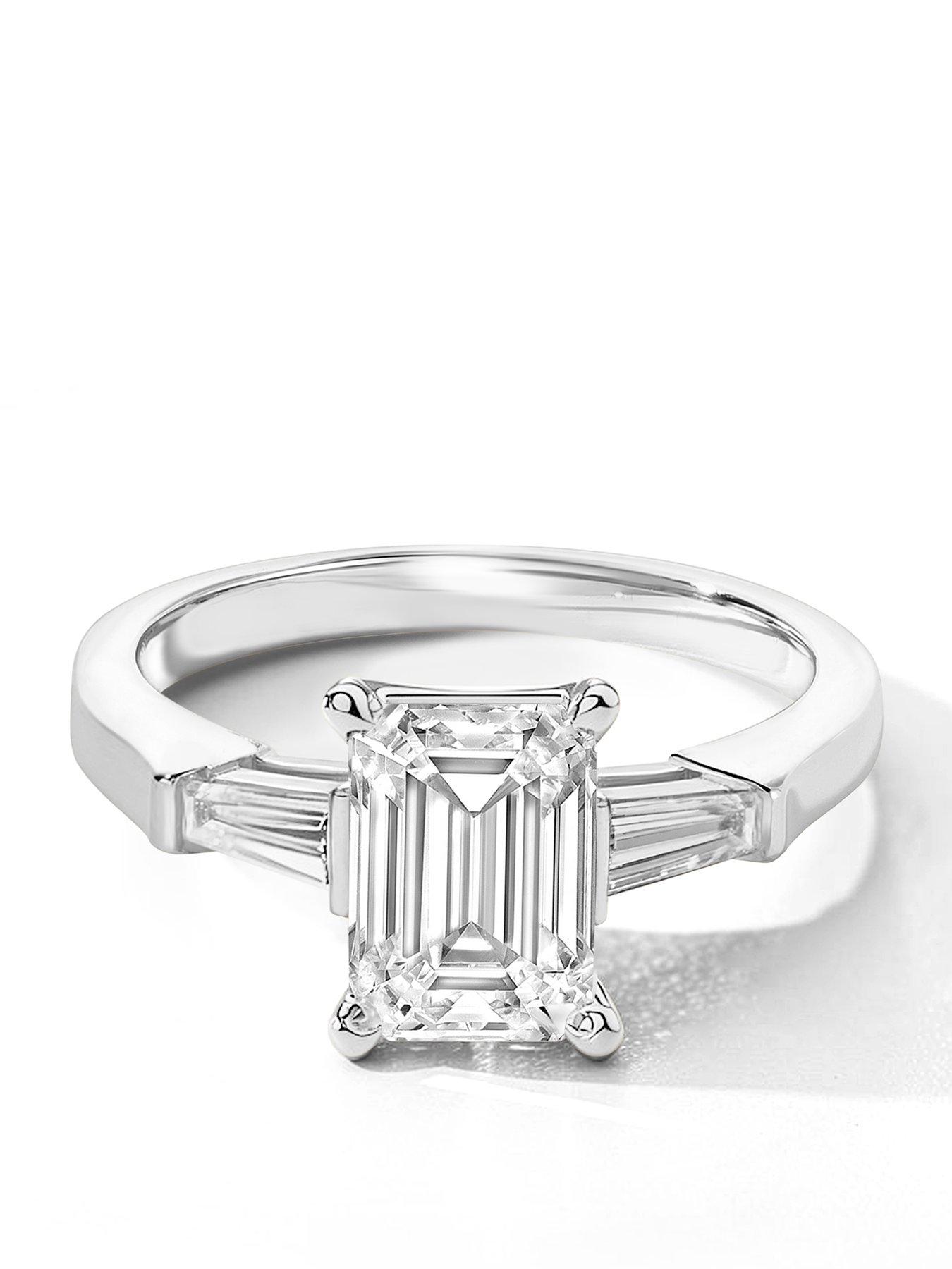 Image 1 of 5 of Created Brilliance Elodie 9ct White Gold 1.82ct tw. Emerald Cut and Tapered Baguettes Lab Grown Diamond Engagement Ring
