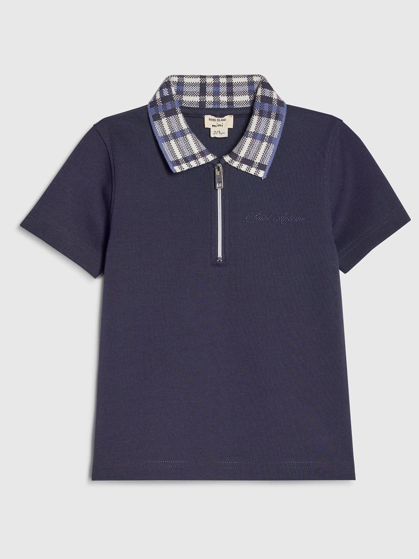 Image 1 of 4 of River Island Mini Boys Check Collar Polo Shirt - Navy