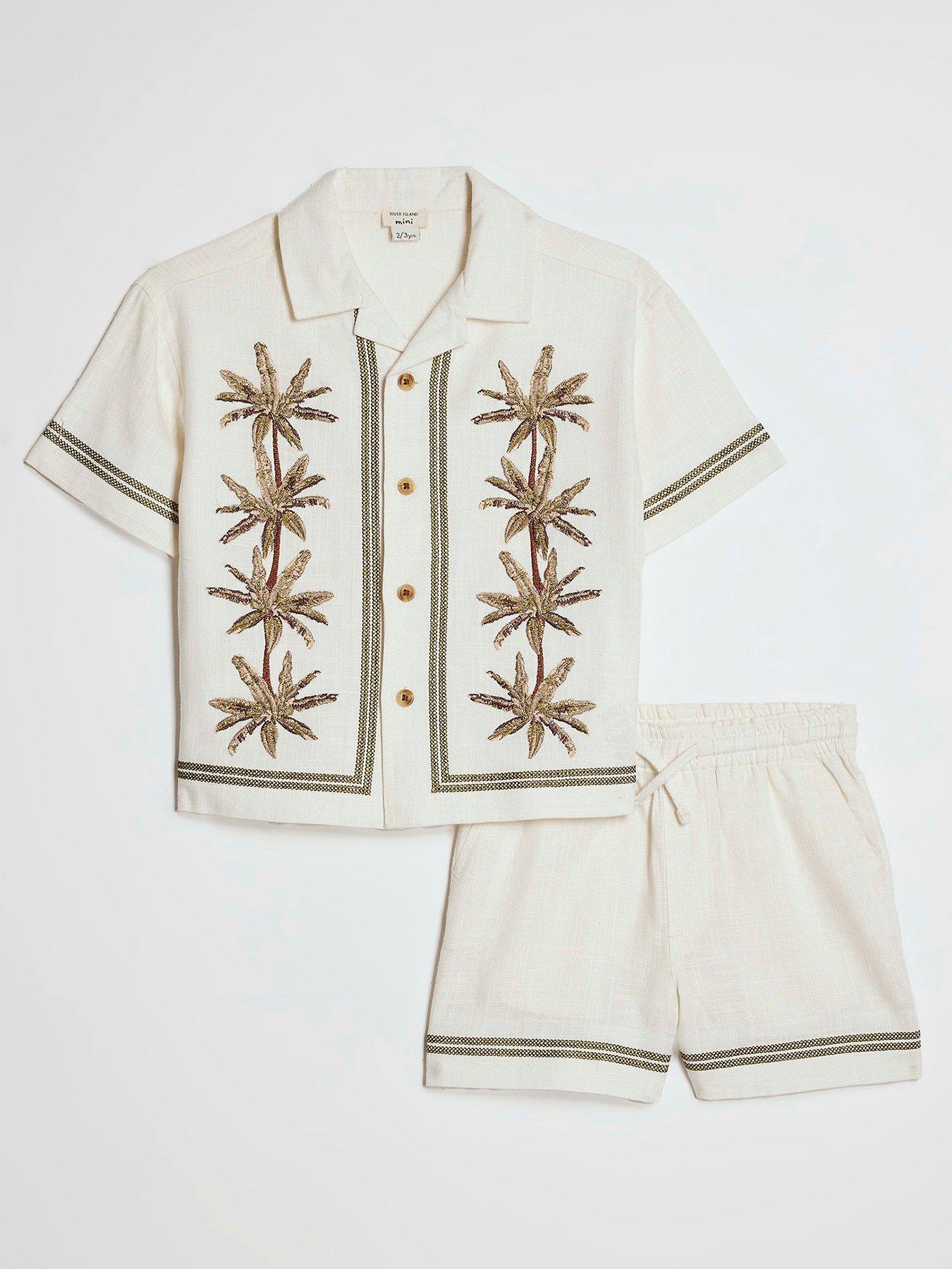 River Island Mini Boys Embroidered Palm Shirt Set - Cream