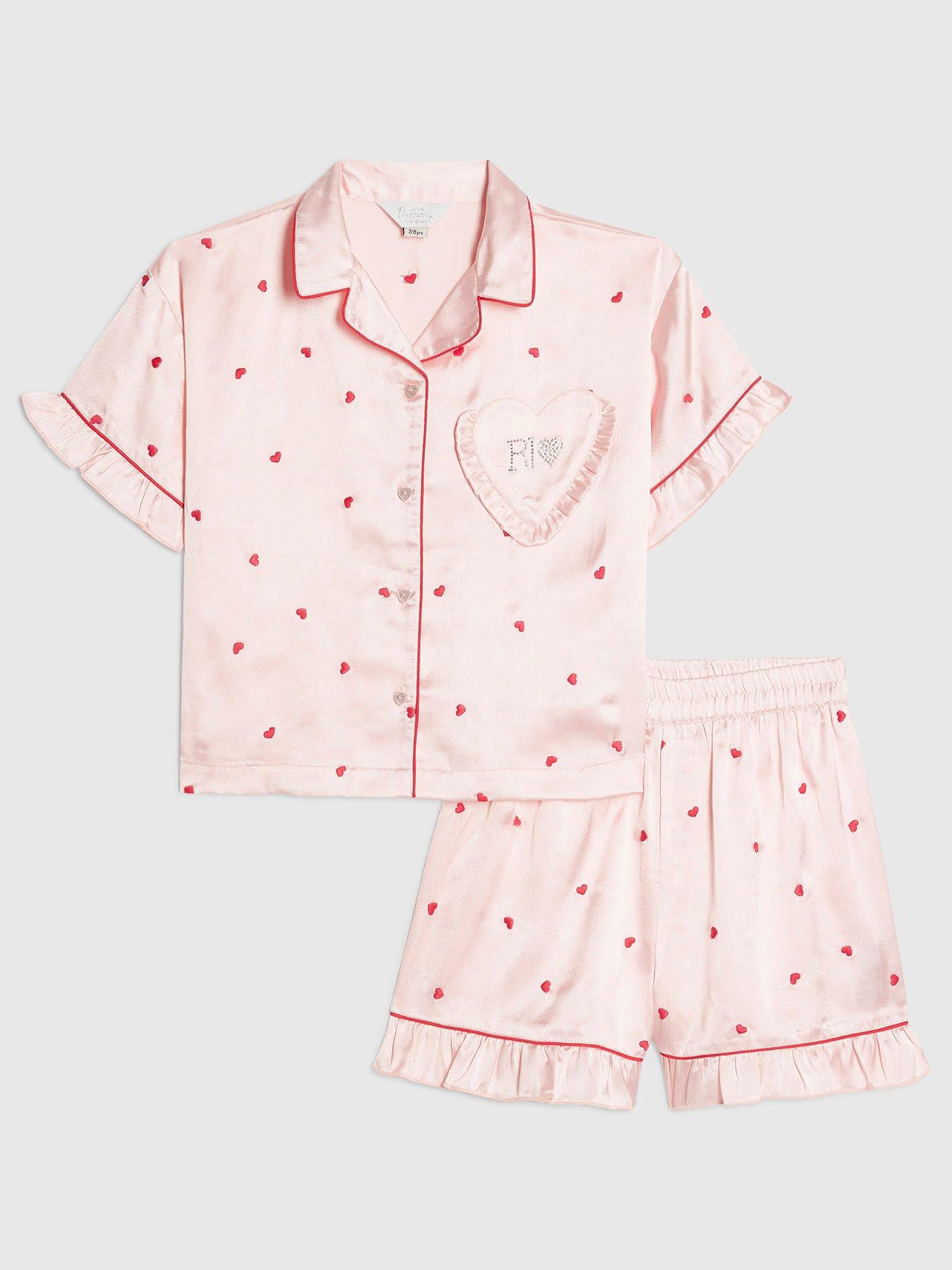 River Island Older Girls Heart Embroidered Satin Pyjamas - Pink