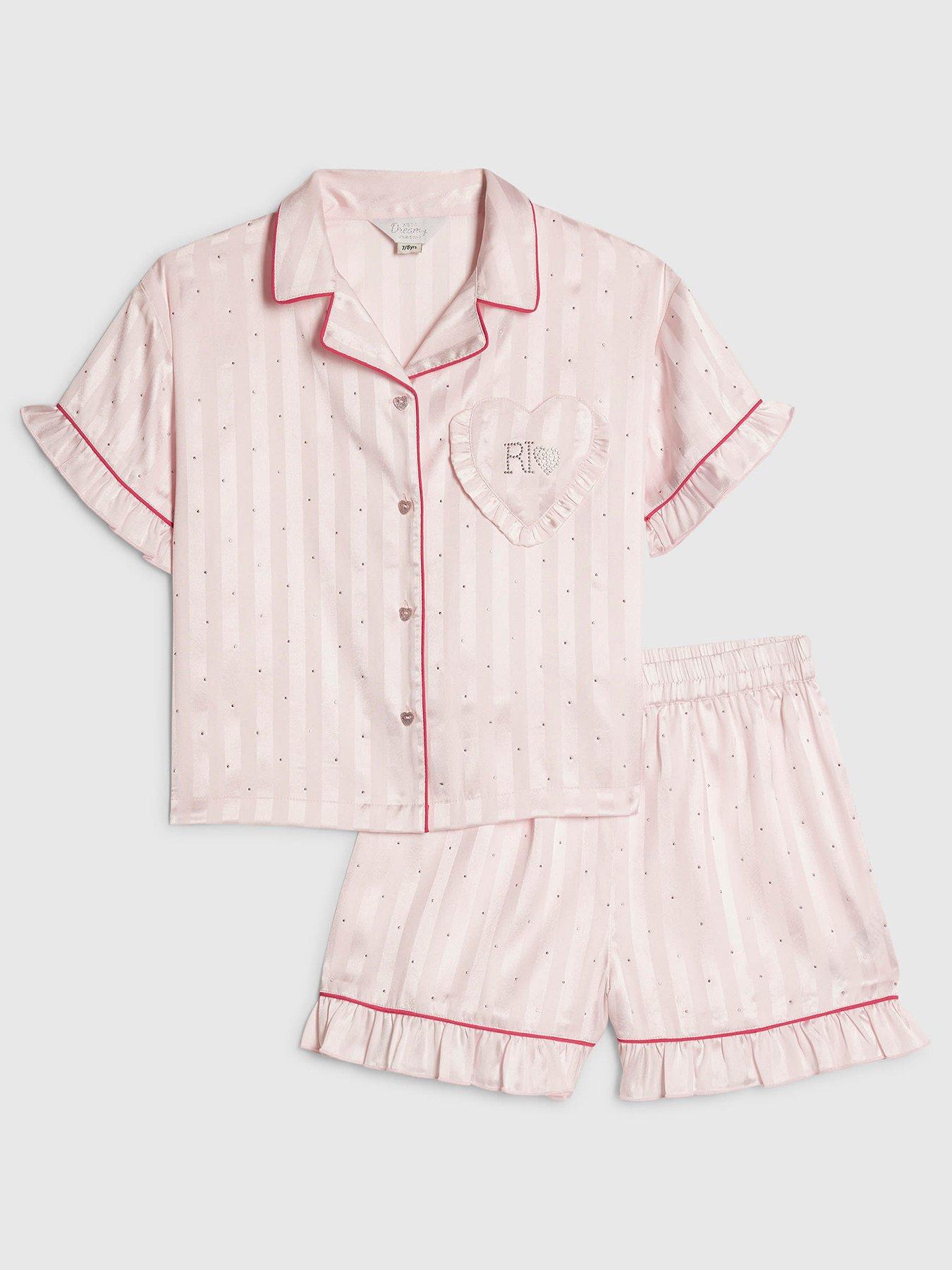 Image 1 of 5 of River Island Older Girls Hotfix Striped Satin Pyjamas - Pink