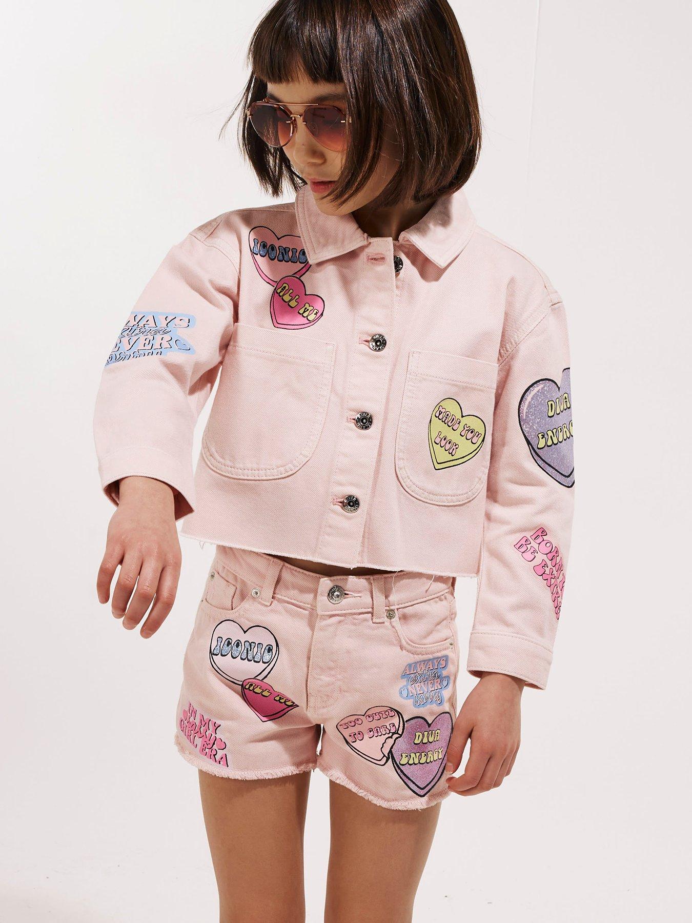 Image 1 of 6 of River Island Older Girls Love Heart Denim Jacket - Pink