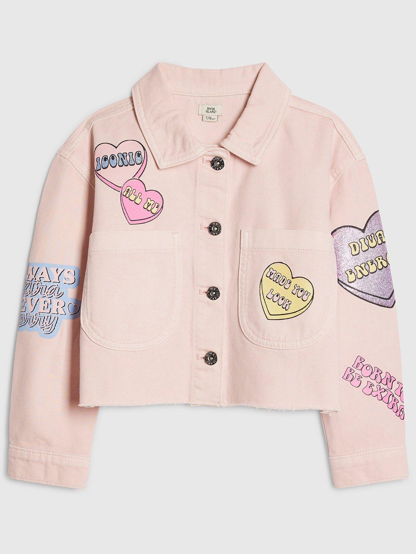 Image 2 of 6 of River Island Older Girls Love Heart Denim Jacket - Pink