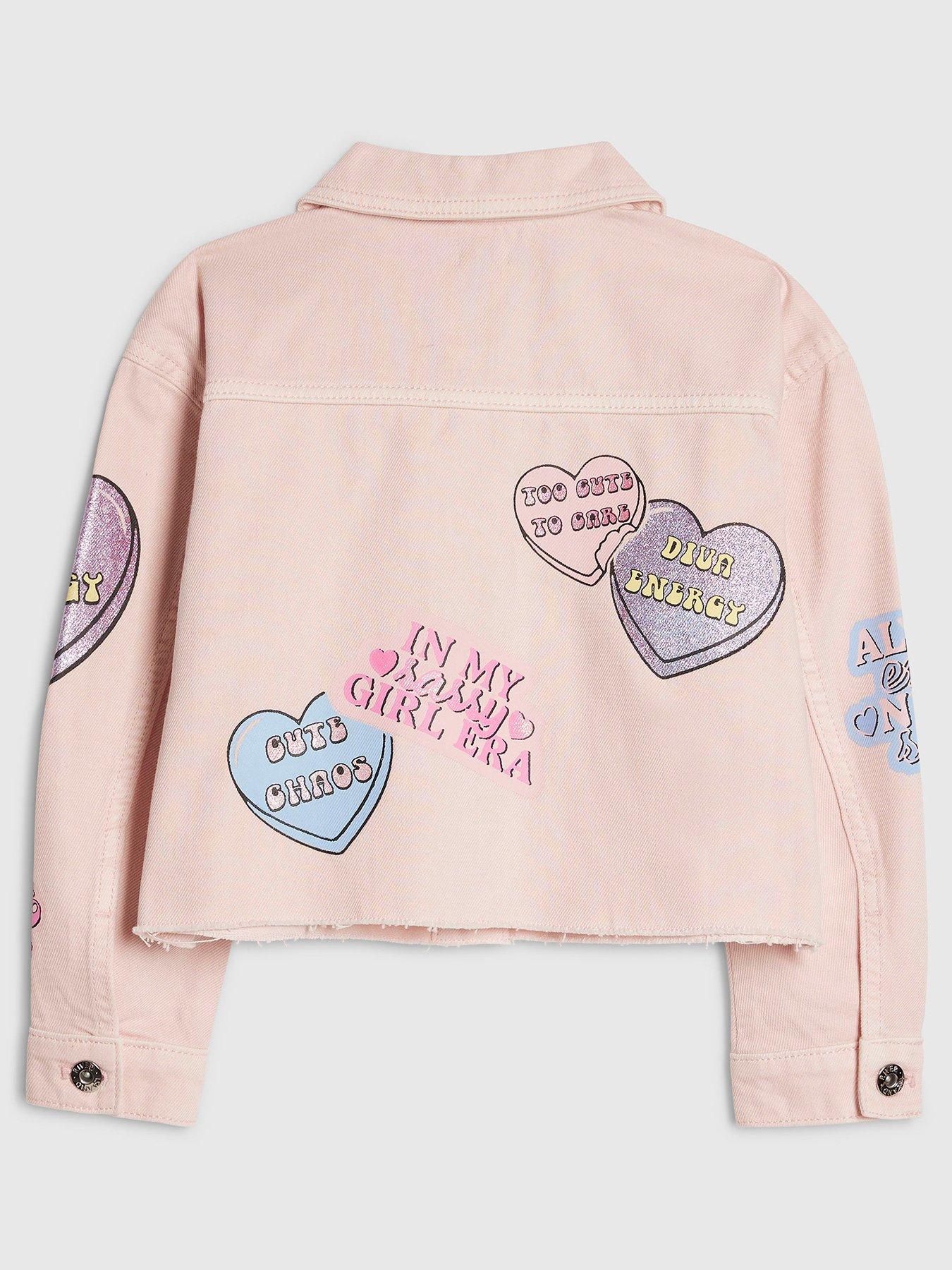 Image 3 of 6 of River Island Older Girls Love Heart Denim Jacket - Pink