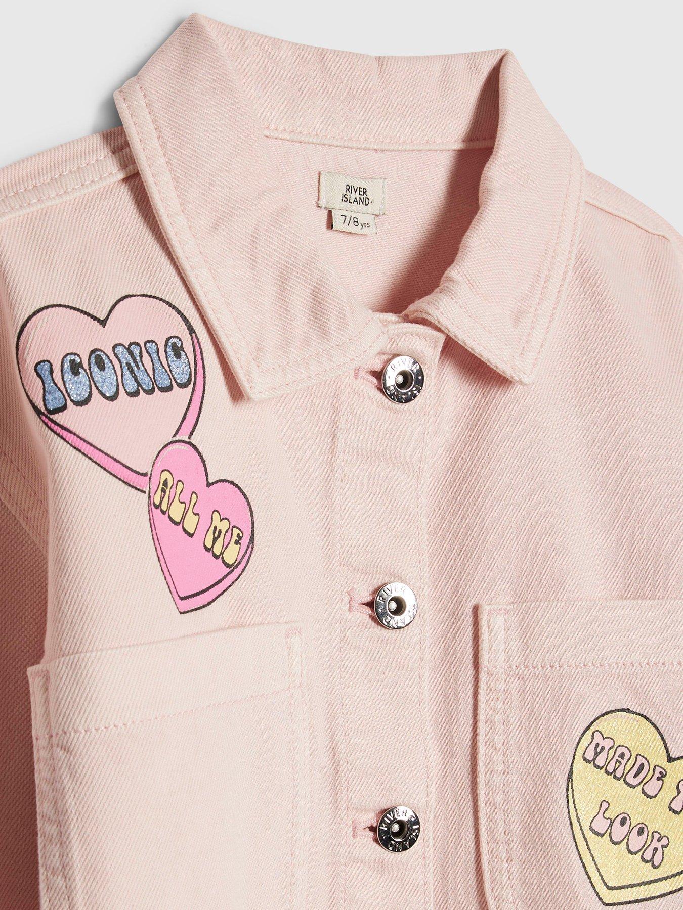 Image 4 of 6 of River Island Older Girls Love Heart Denim Jacket - Pink