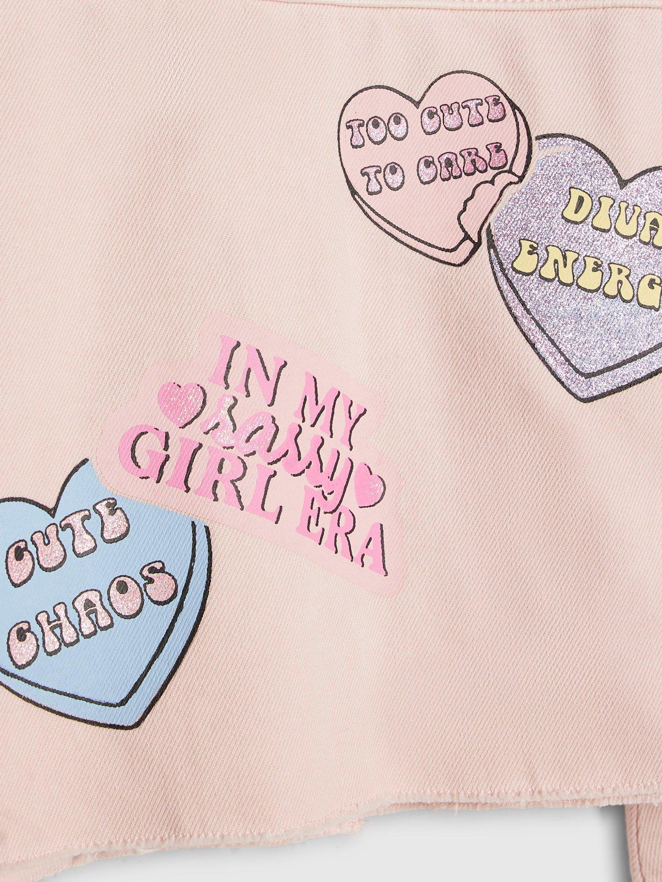 Image 5 of 6 of River Island Older Girls Love Heart Denim Jacket - Pink