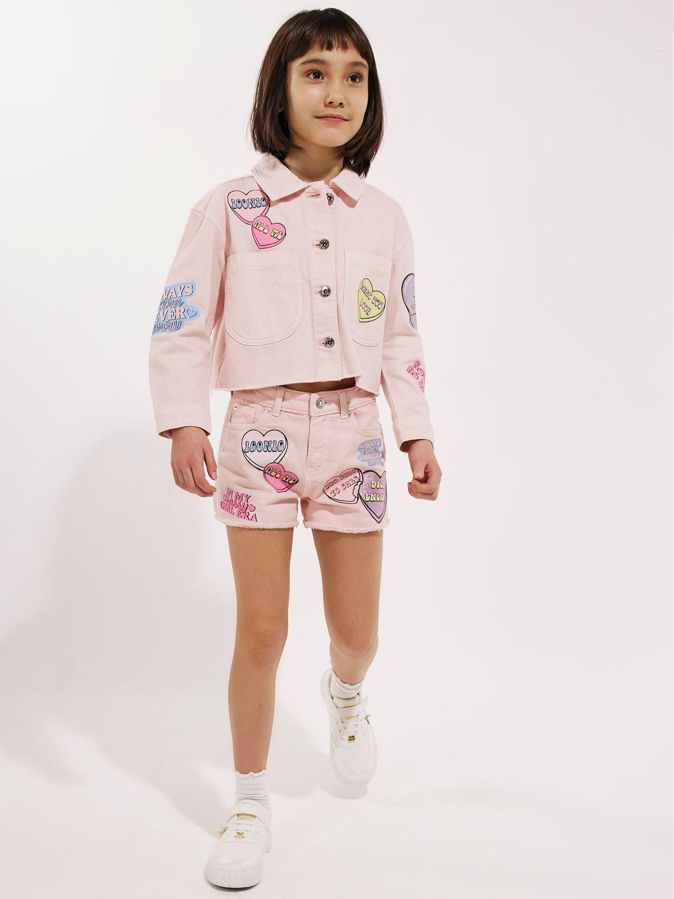 Image 6 of 6 of River Island Older Girls Love Heart Denim Jacket - Pink