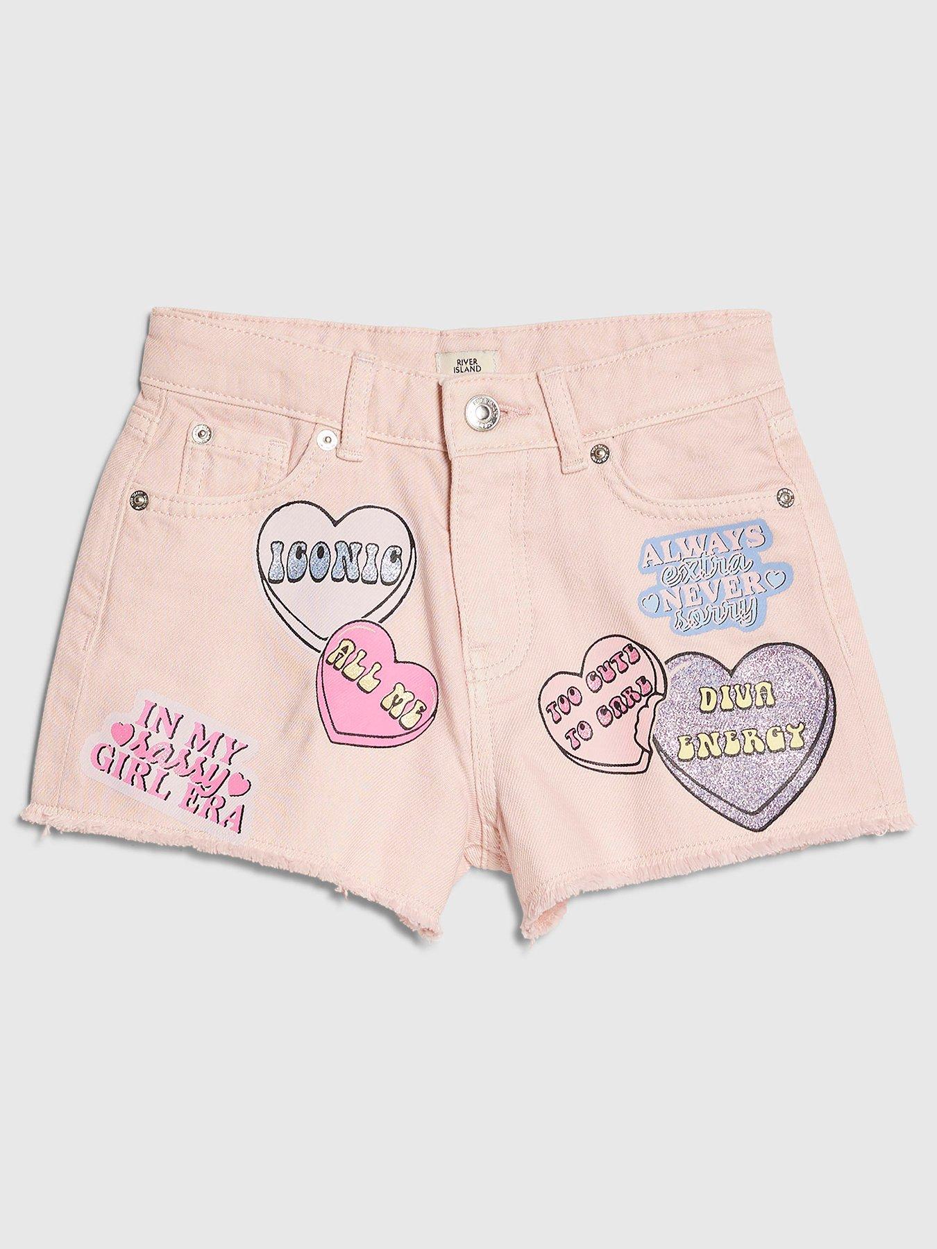 River Island Older Girls Love Heart Denim Shorts - Pink