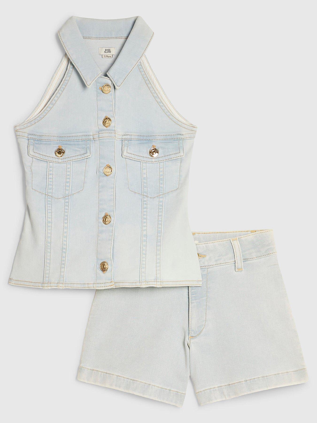Image 1 of 5 of River Island Girls Denim Waistcoat And Shorts Set - Blue