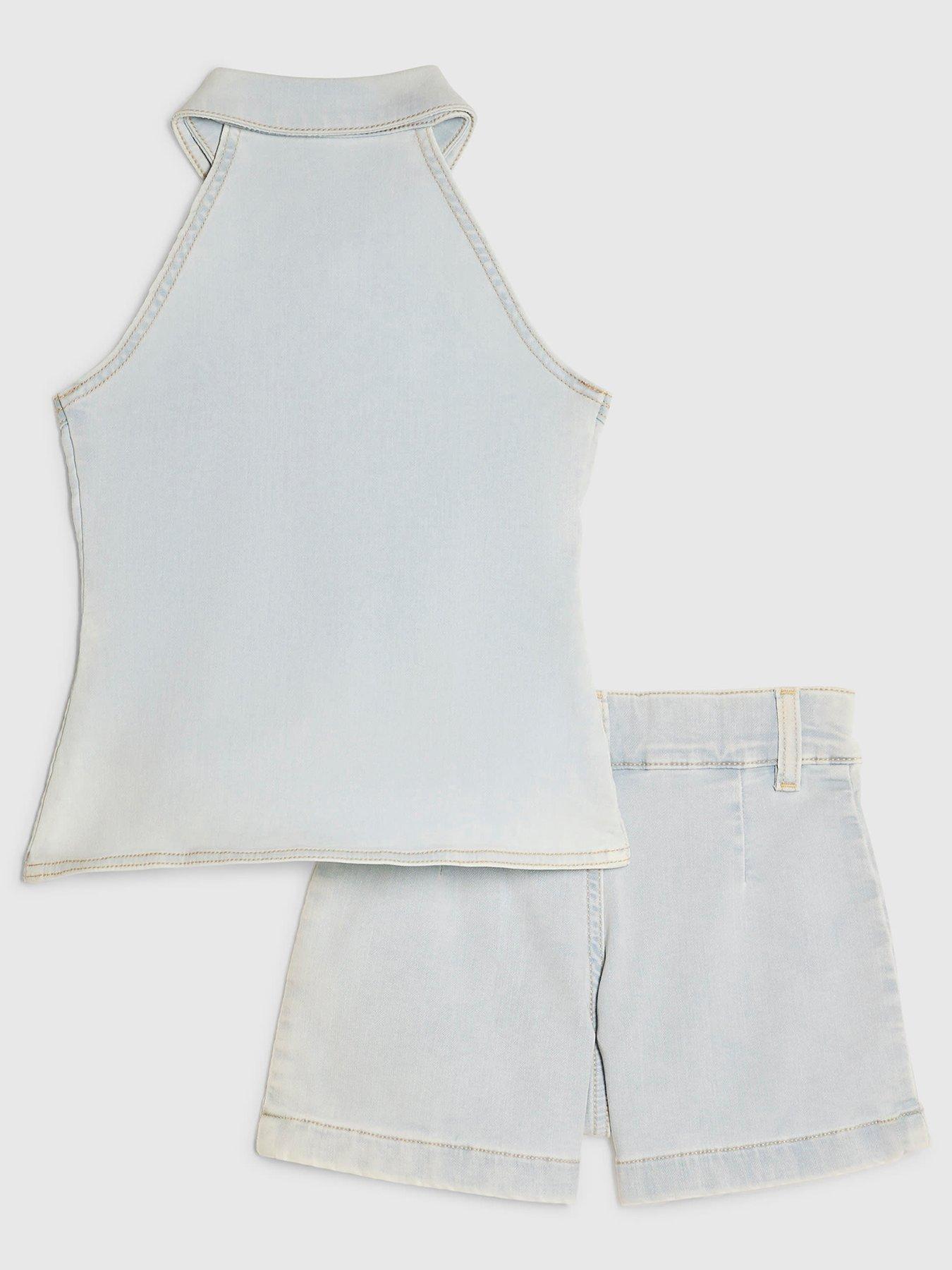 Image 2 of 5 of River Island Girls Denim Waistcoat And Shorts Set - Blue