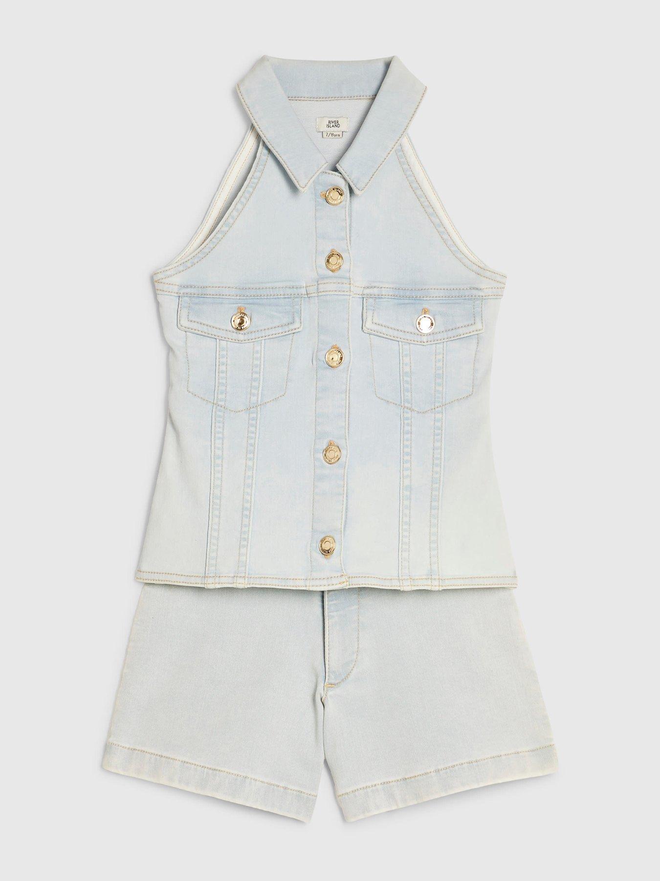 Image 3 of 5 of River Island Girls Denim Waistcoat And Shorts Set - Blue