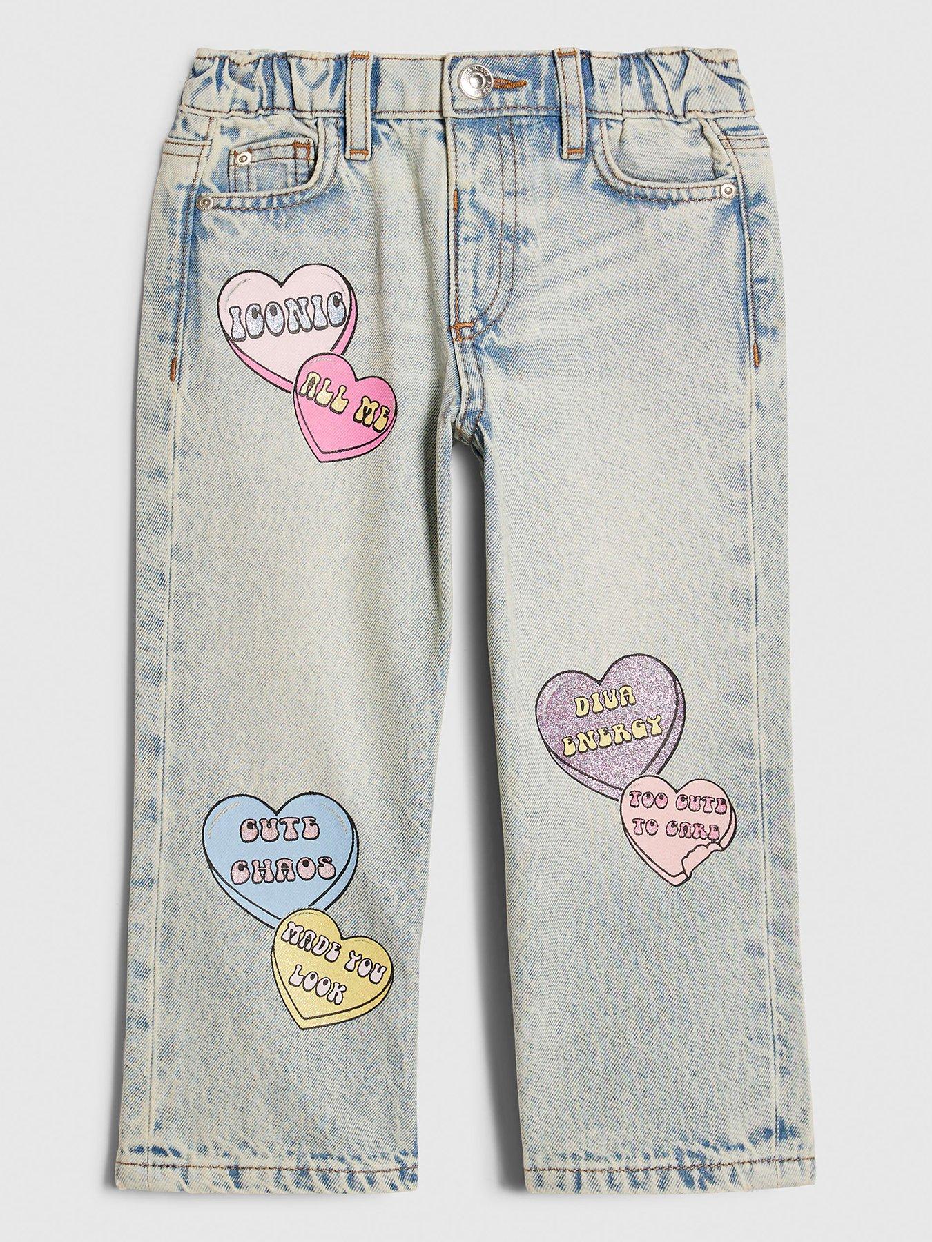 River Island Mini Girls Love Heart Graffiti Straight Jeans - Blue