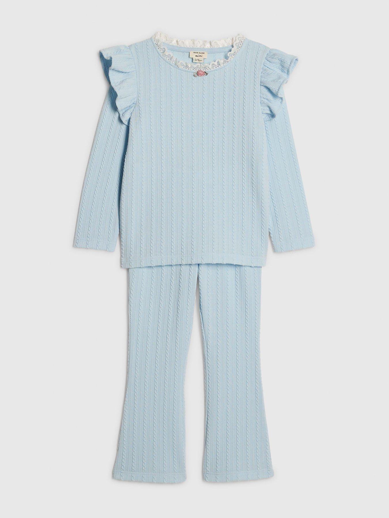 Image 3 of 5 of River Island Mini Mini Girls Ribbed T-shirt Set - Light Blue
