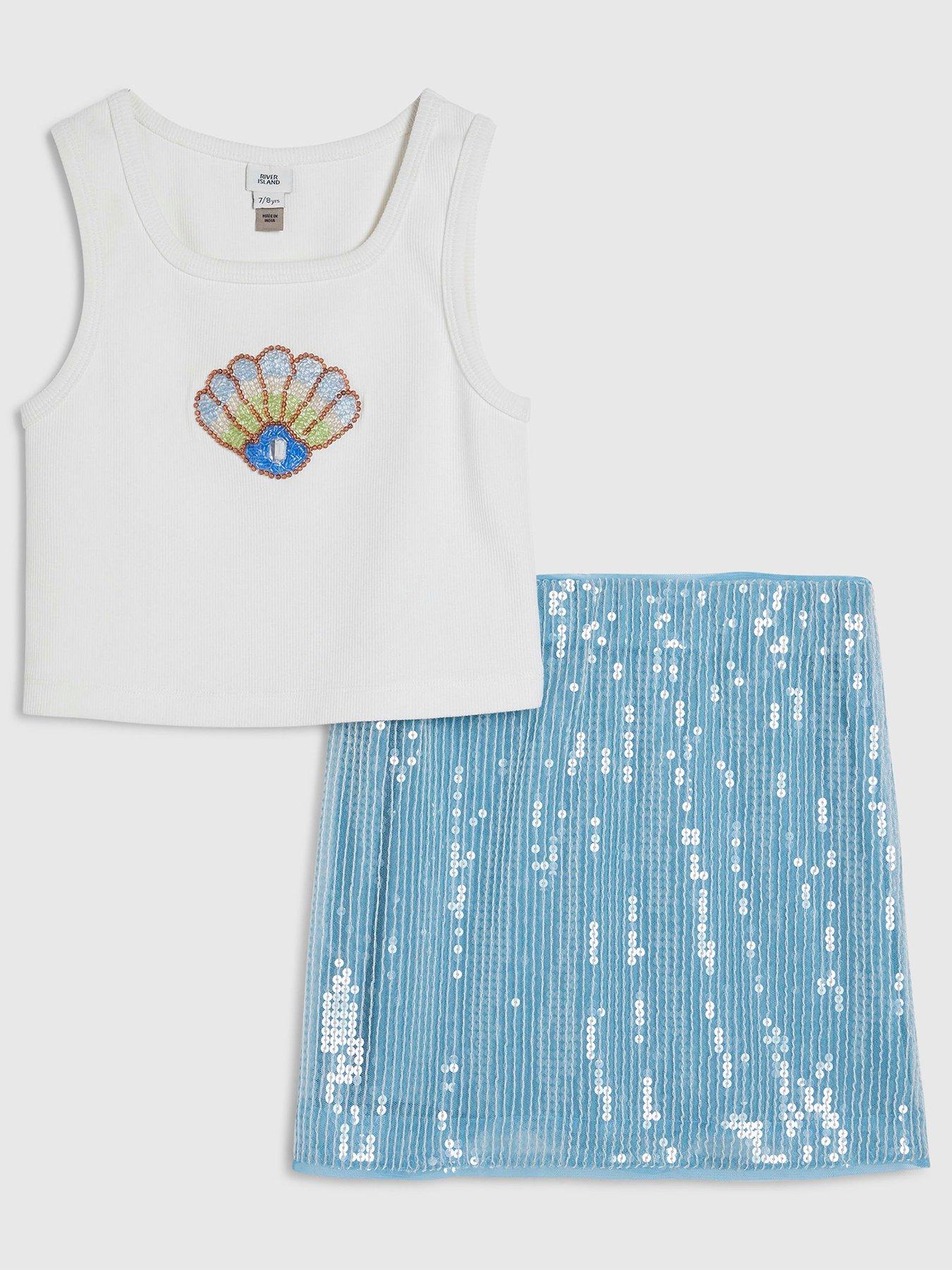 River Island Older Girls Shell Sequin Skirt Set - Blue