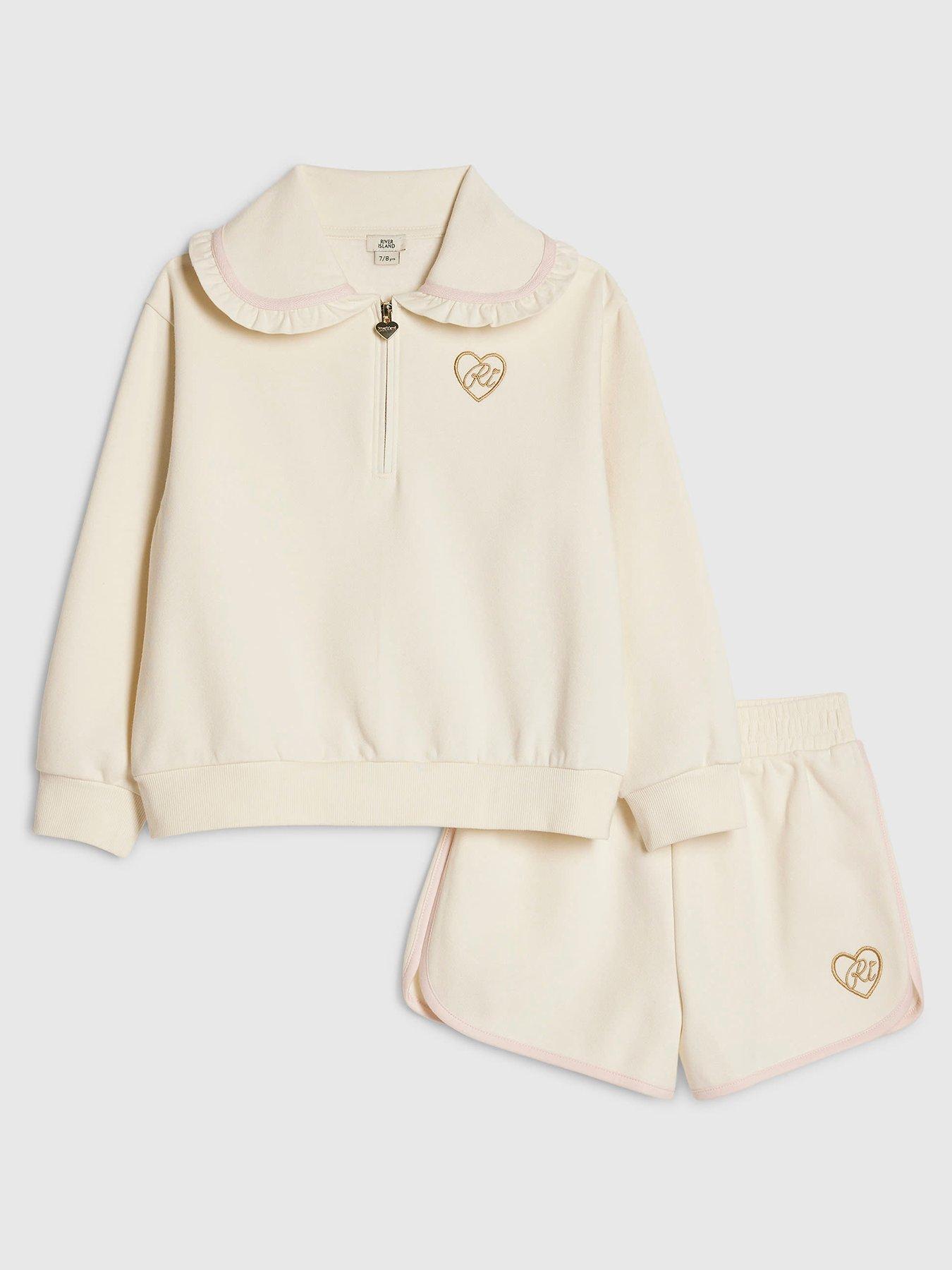 Image 1 of 5 of River Island Older Girls Heart Collar Sweatshirt Set - Cream