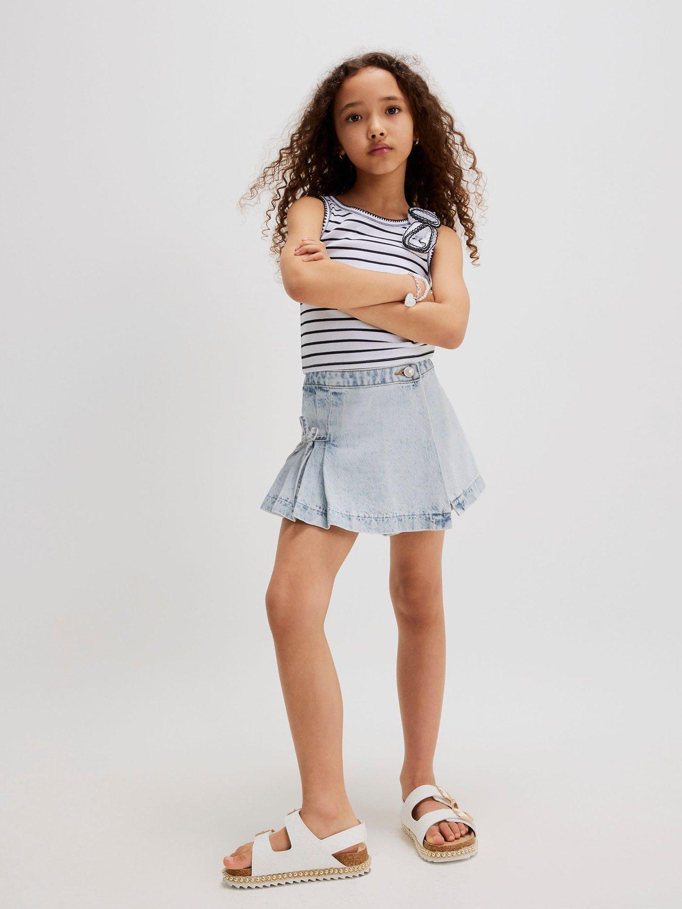 River Island Older Girls Bow Pleated Denim Skort - Blue
