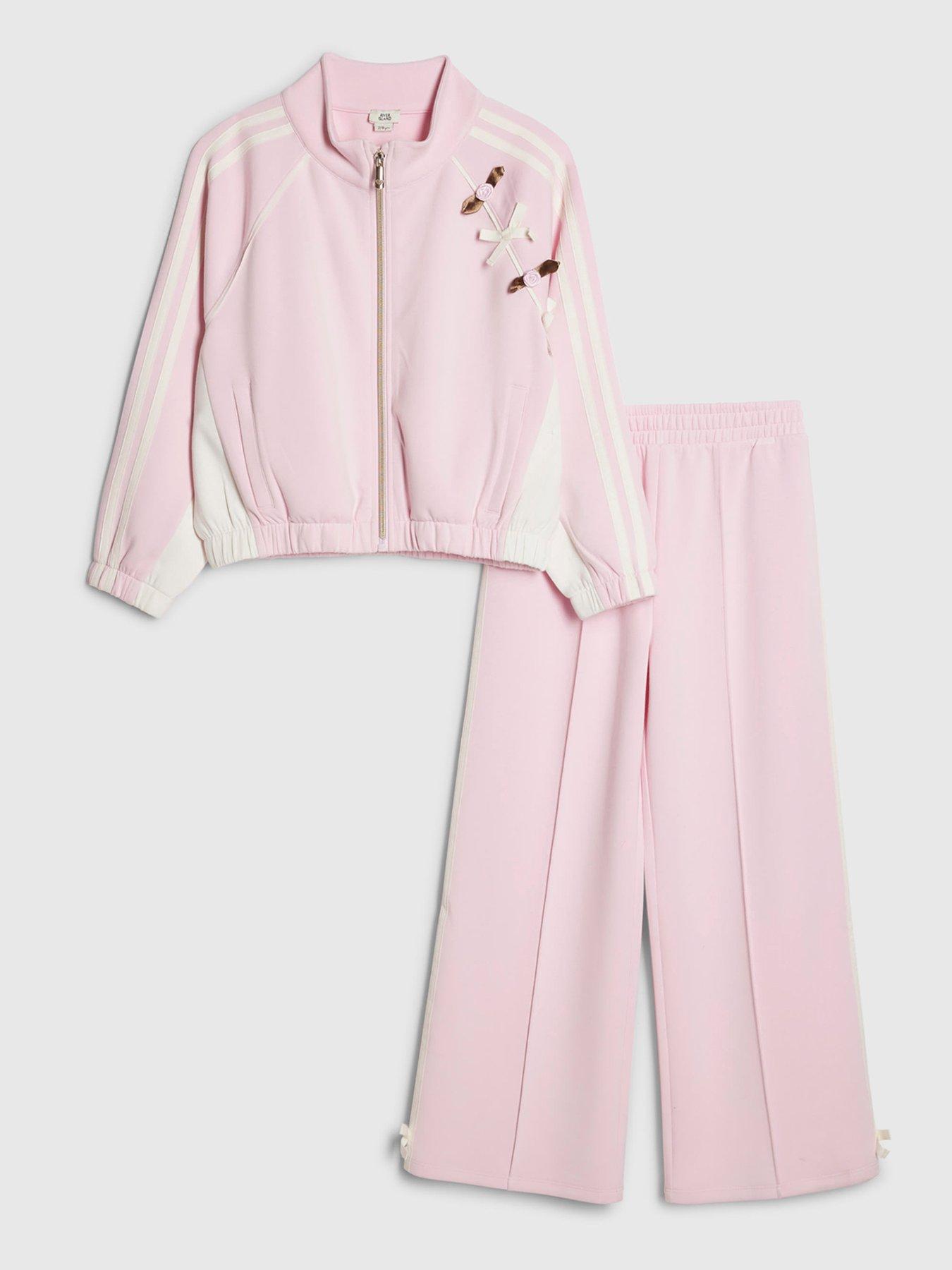 Image 1 of 5 of River Island Older Girls Rosette Bow Tracksuit Set - Pink