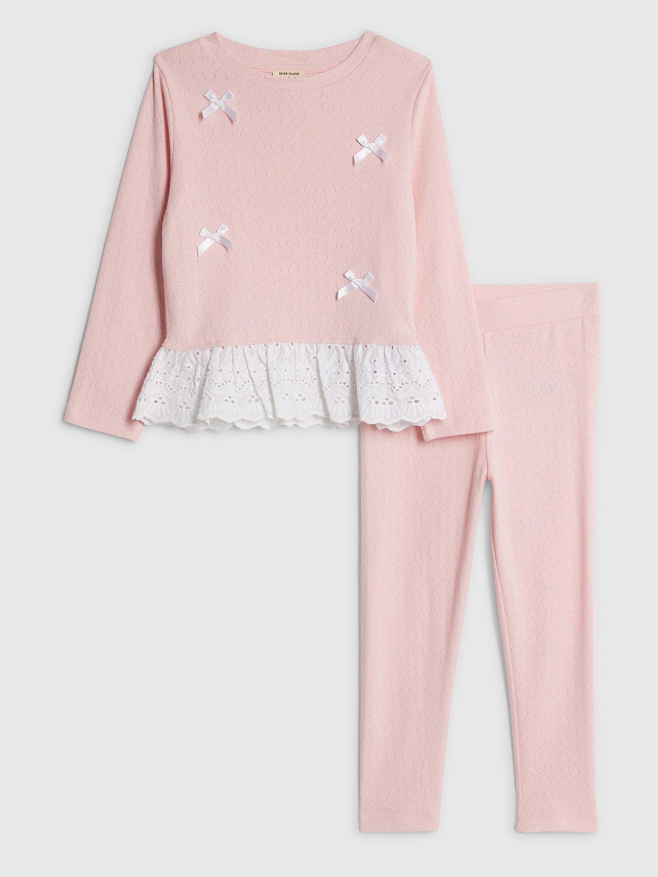 Image 1 of 5 of River Island Mini Girls Pointelle 3D Bow Top Set - Pink