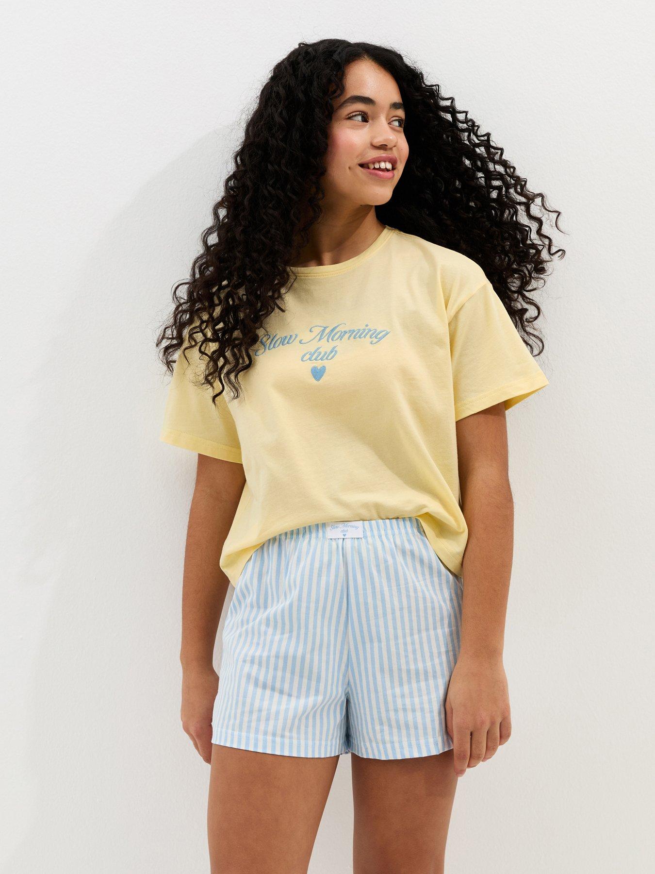 Image 1 of 5 of New Look 915 Girls Cotton T-Shirt And Striped Shorts Pyjama Set - Yellow