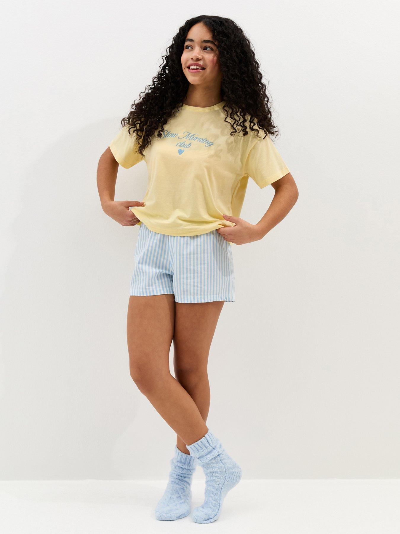 Image 3 of 5 of New Look 915 Girls Cotton T-Shirt And Striped Shorts Pyjama Set - Yellow