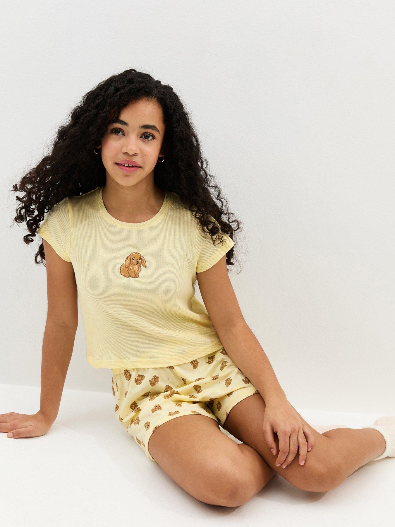 New Look 915 Girls Cotton Embroidered Bunny T-Shirt And Shorts Pyjama Set - Yellow