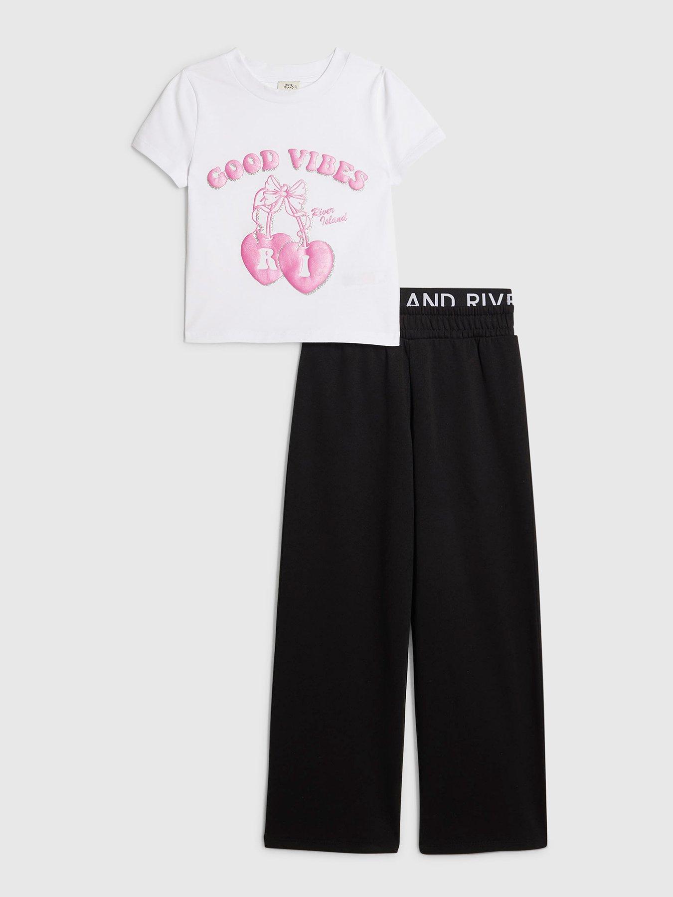 river-island-older-girls-bow-good-vibes-t-shirt-set-black