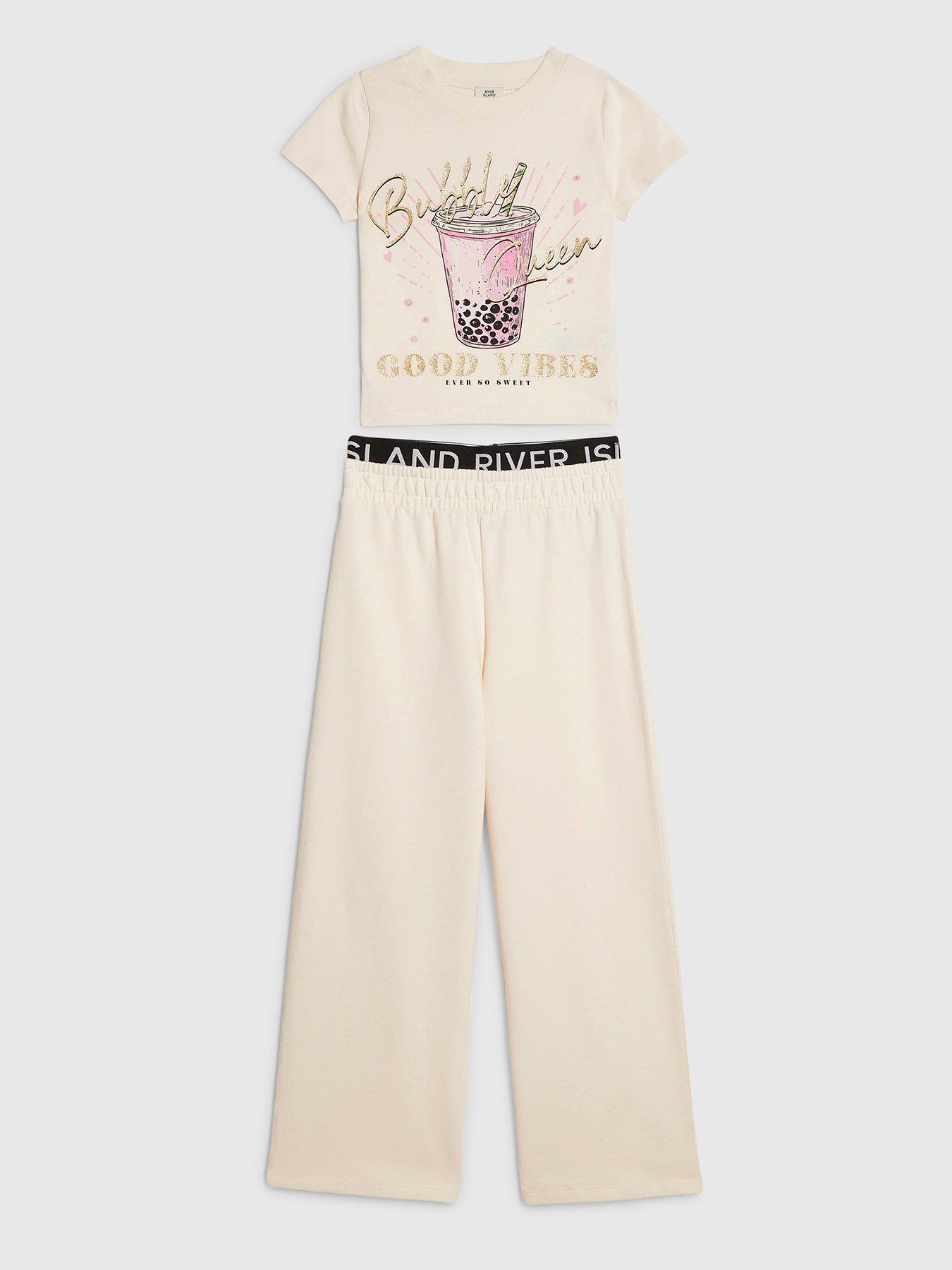 river-island-older-girls-bubble-queen-t-shirt-set-cream