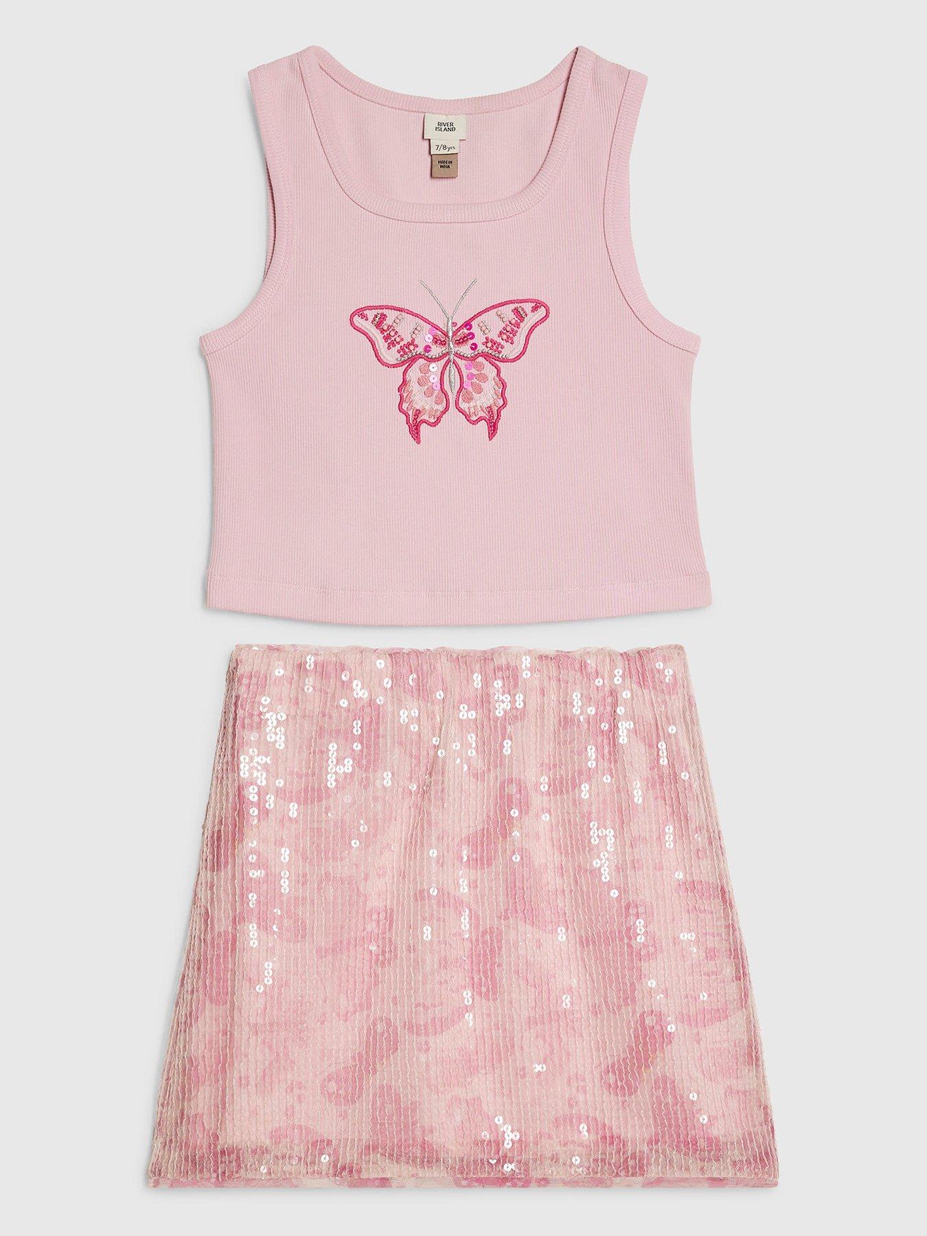 River Island Older Girls Butterfly Sequin Skirt Set - Pink