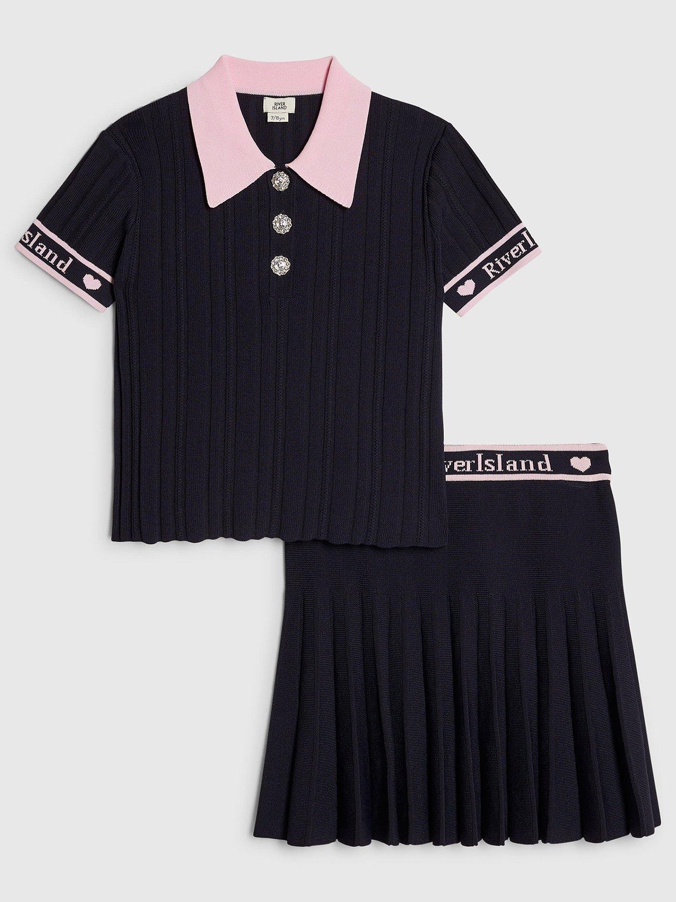 River Island Older Girls Polo Shirt And Skirt Set - Navy