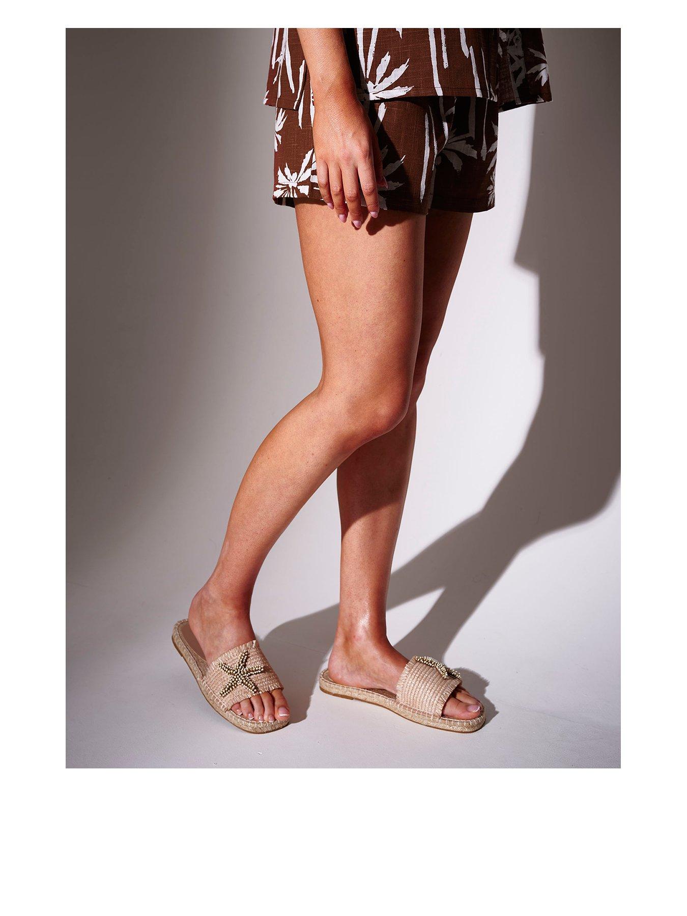South Beach Beaded Starfish Embellished Espadrille Sliders - Natural