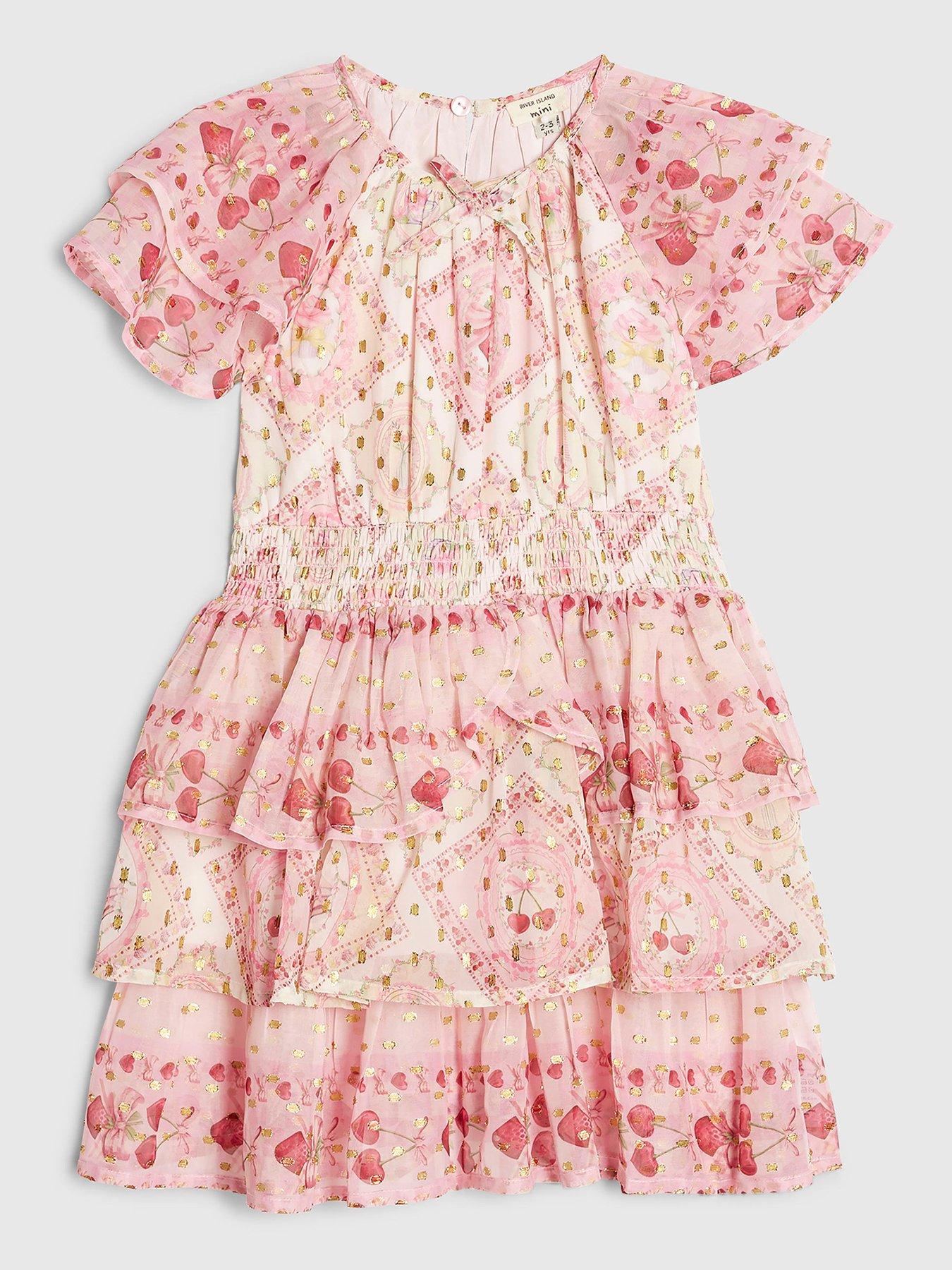 Image 1 of 4 of River Island Mini Girls Short Sleeve Printed Dress - Pink