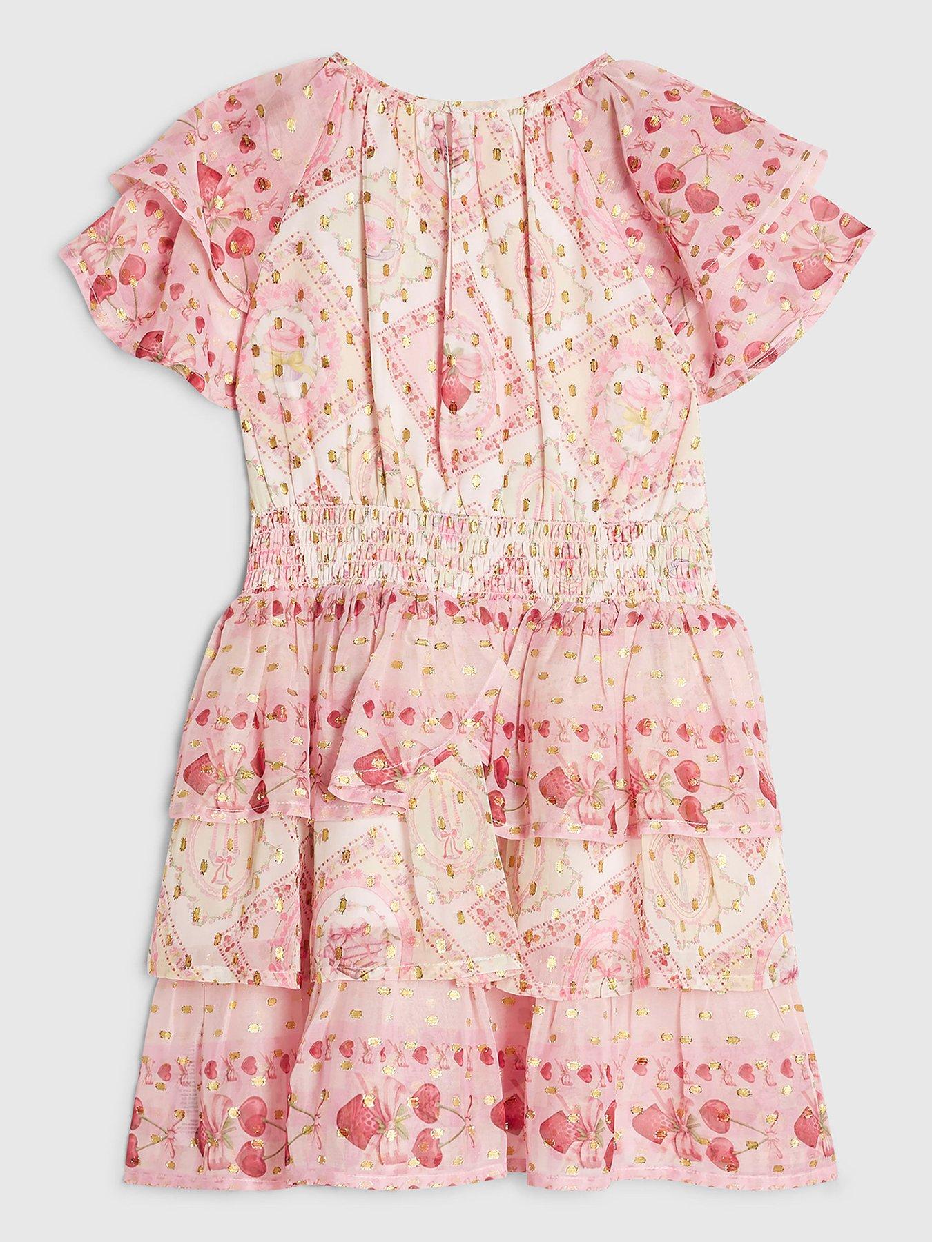 Image 2 of 4 of River Island Mini Girls Short Sleeve Printed Dress - Pink